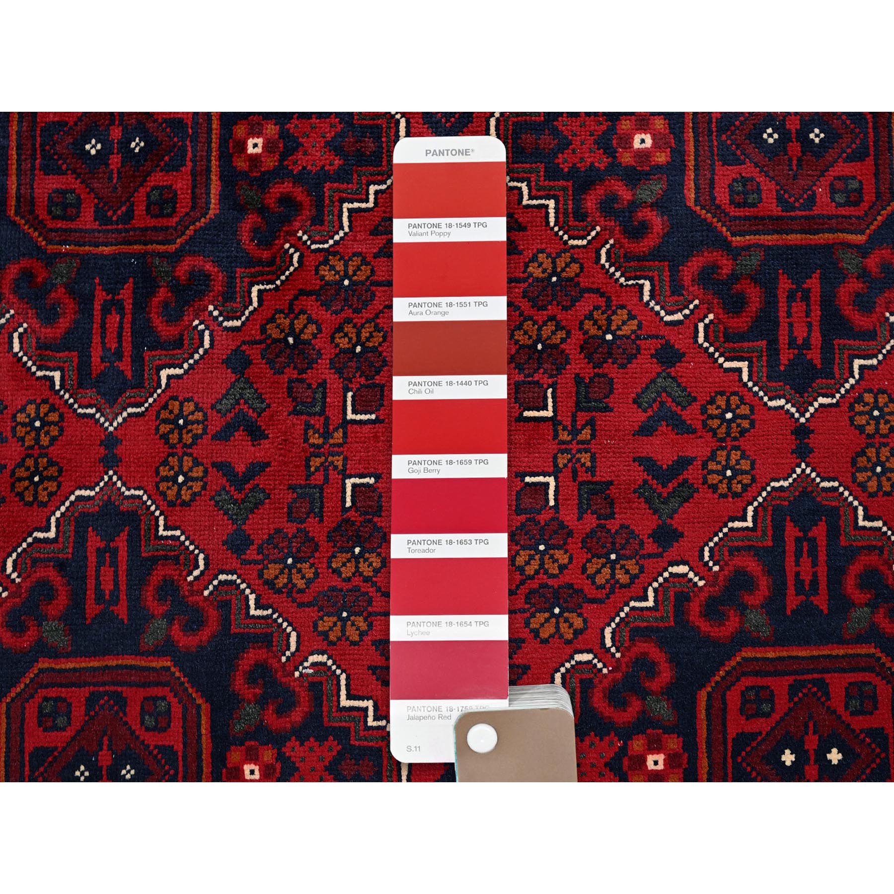 9'9"x13'1" Scarlet Red, Afghan Khamyab with Geometric Design, Soft and Shiny Wool, Hand Knotted, Vegetable Dyes, Oriental Rug Sh775