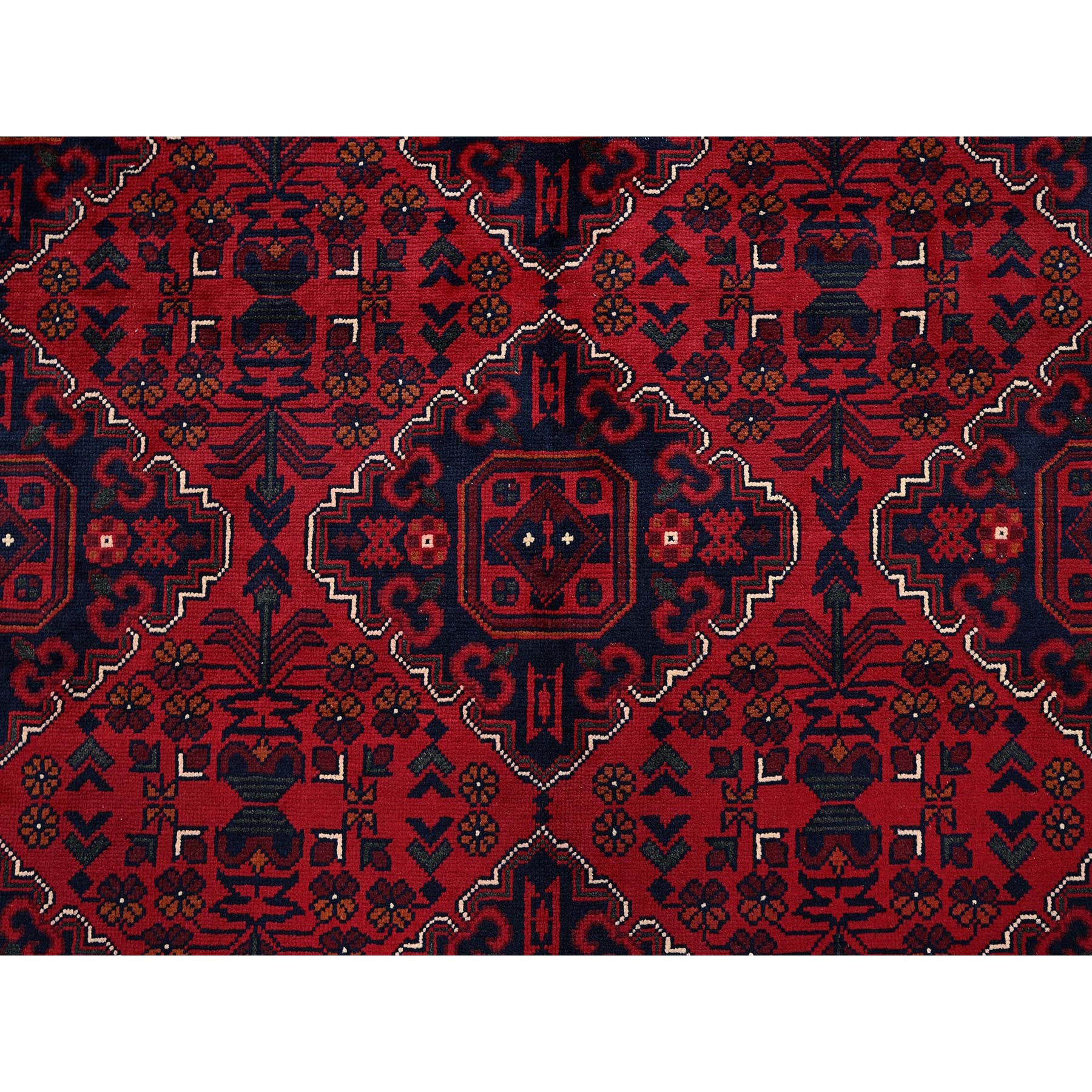 9'9"x13'1" Scarlet Red, Afghan Khamyab with Geometric Design, Soft and Shiny Wool, Hand Knotted, Vegetable Dyes, Oriental Rug Sh775