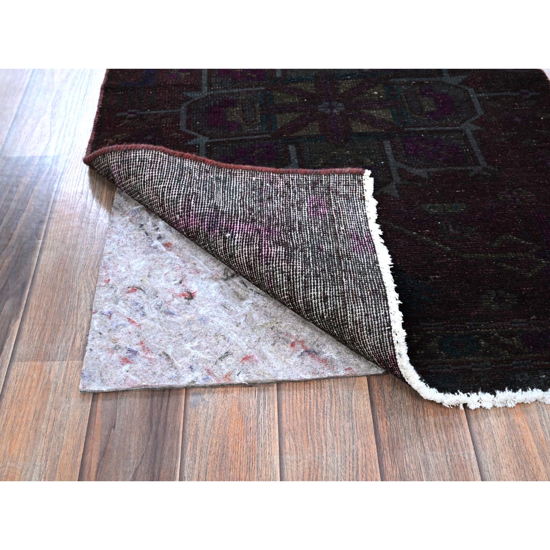 2'4"x10' Wine Red, Dark Colors Overdyed Vintage Persian Hamadan with Geometric Pattern, 100% Wool, Hand Knotted, Cropped Thin, Distressed, Zero Pile, Sides and Ends Professionally Secured, Narrow Runner, Oriental Rug Sh776