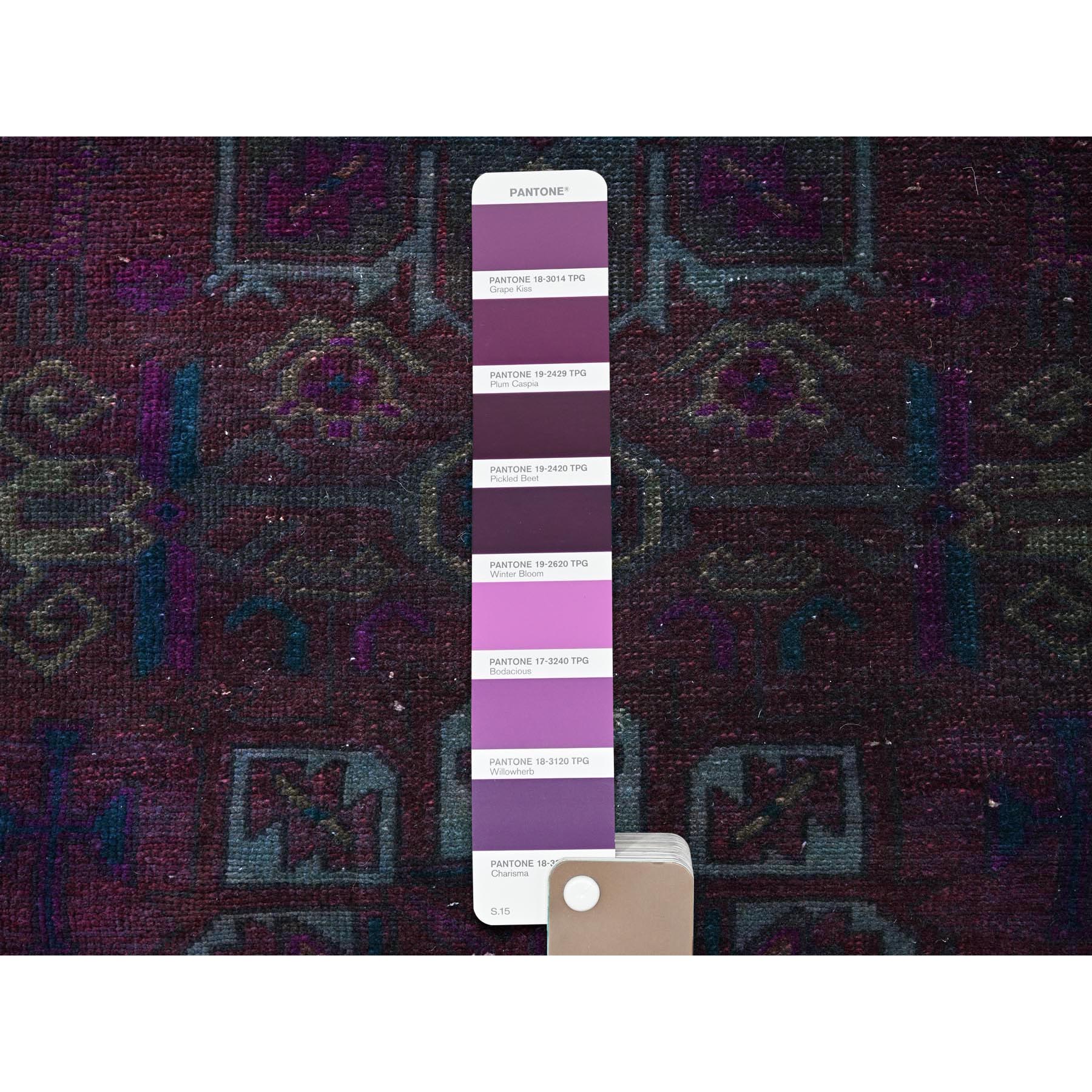 2'4"x10' Wine Red, Dark Colors Overdyed Vintage Persian Hamadan with Geometric Pattern, 100% Wool, Hand Knotted, Cropped Thin, Distressed, Zero Pile, Sides and Ends Professionally Secured, Narrow Runner, Oriental Rug Sh776