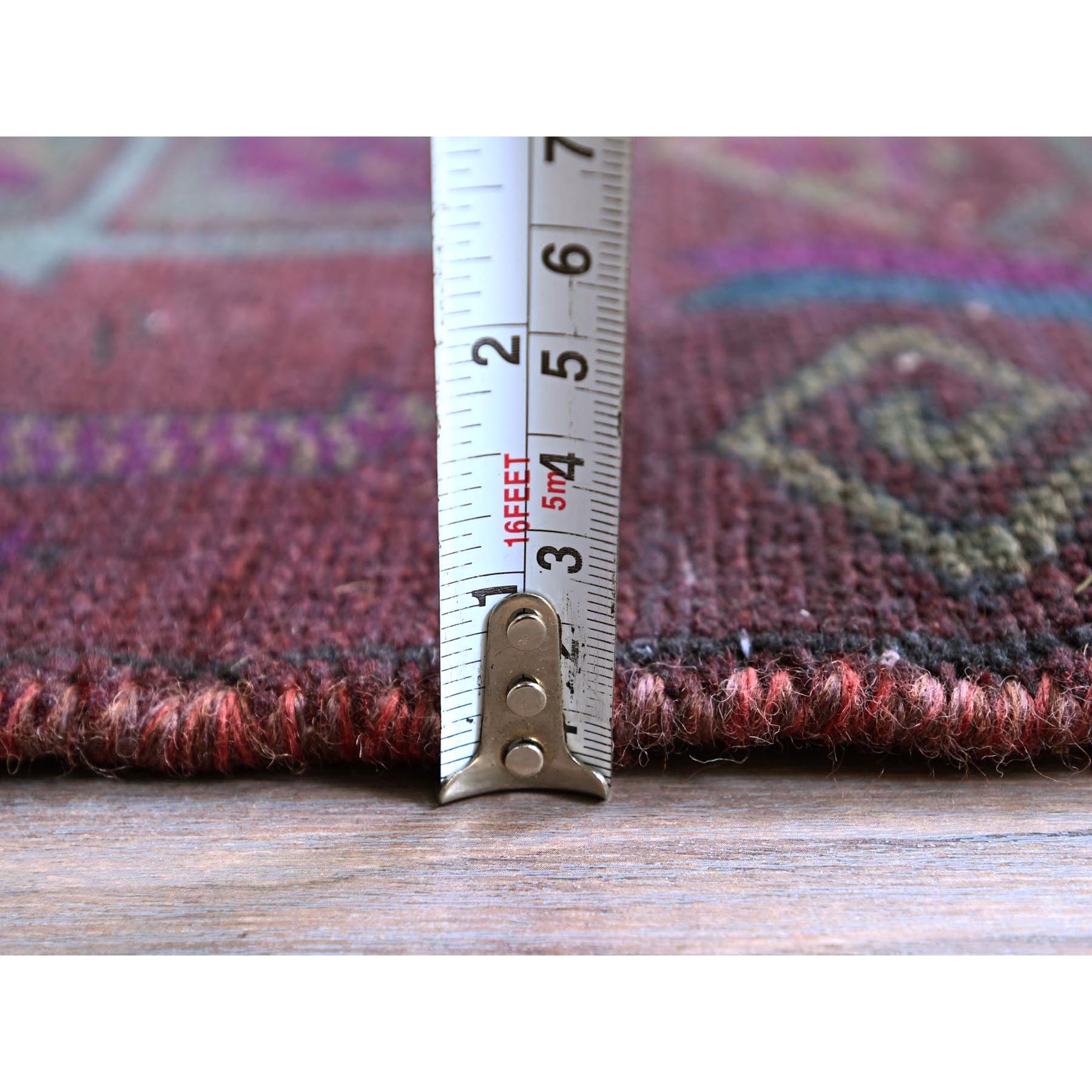 2'4"x10' Wine Red, Dark Colors Overdyed Vintage Persian Hamadan with Geometric Pattern, 100% Wool, Hand Knotted, Cropped Thin, Distressed, Zero Pile, Sides and Ends Professionally Secured, Narrow Runner, Oriental Rug Sh776