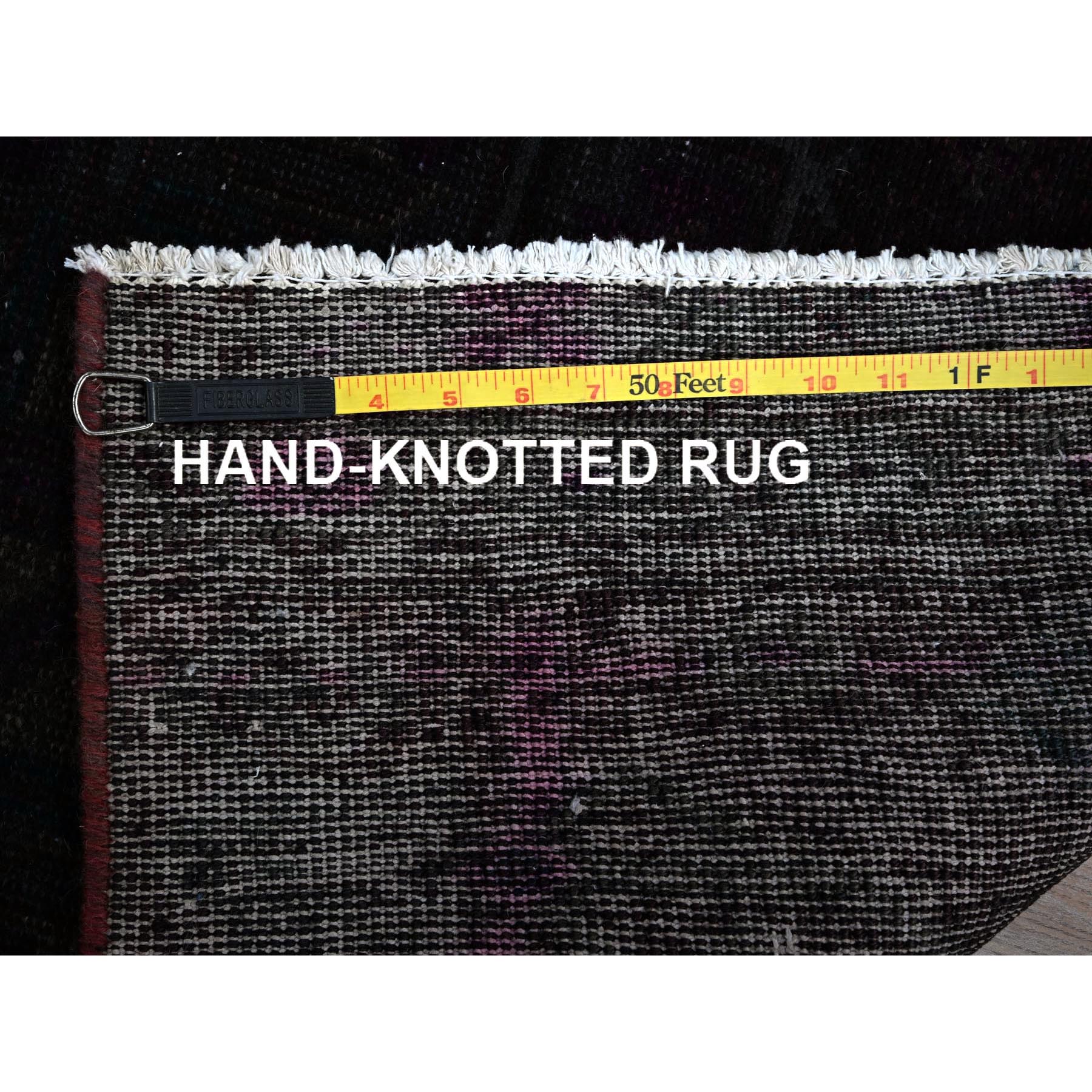 2'4"x10' Wine Red, Dark Colors Overdyed Vintage Persian Hamadan with Geometric Pattern, 100% Wool, Hand Knotted, Cropped Thin, Distressed, Zero Pile, Sides and Ends Professionally Secured, Narrow Runner, Oriental Rug Sh776