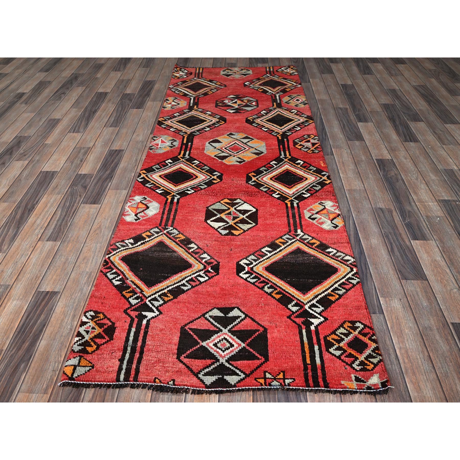 3'1"x8'4" Imperial Red, Vintage Persian Shiraz with Geometric Pattern, 100% Wool, Hand Knotted, Shaved Down, Zero Pile, Even Wear, Sides and Ends Professionally Secured, Good Condition, Runner, Oriental Rug Sh777