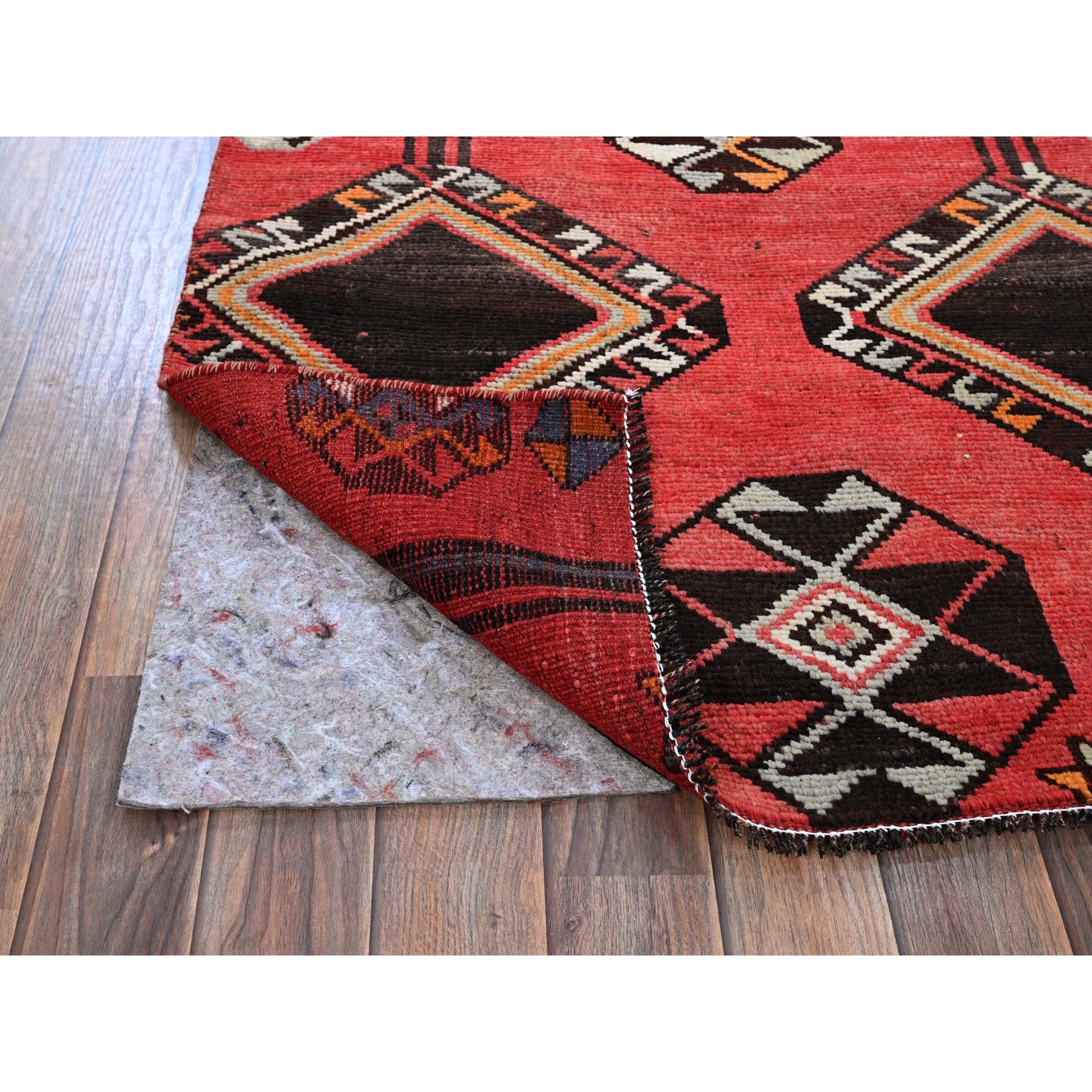 3'1"x8'4" Imperial Red, Vintage Persian Shiraz with Geometric Pattern, 100% Wool, Hand Knotted, Shaved Down, Zero Pile, Even Wear, Sides and Ends Professionally Secured, Good Condition, Runner, Oriental Rug Sh777