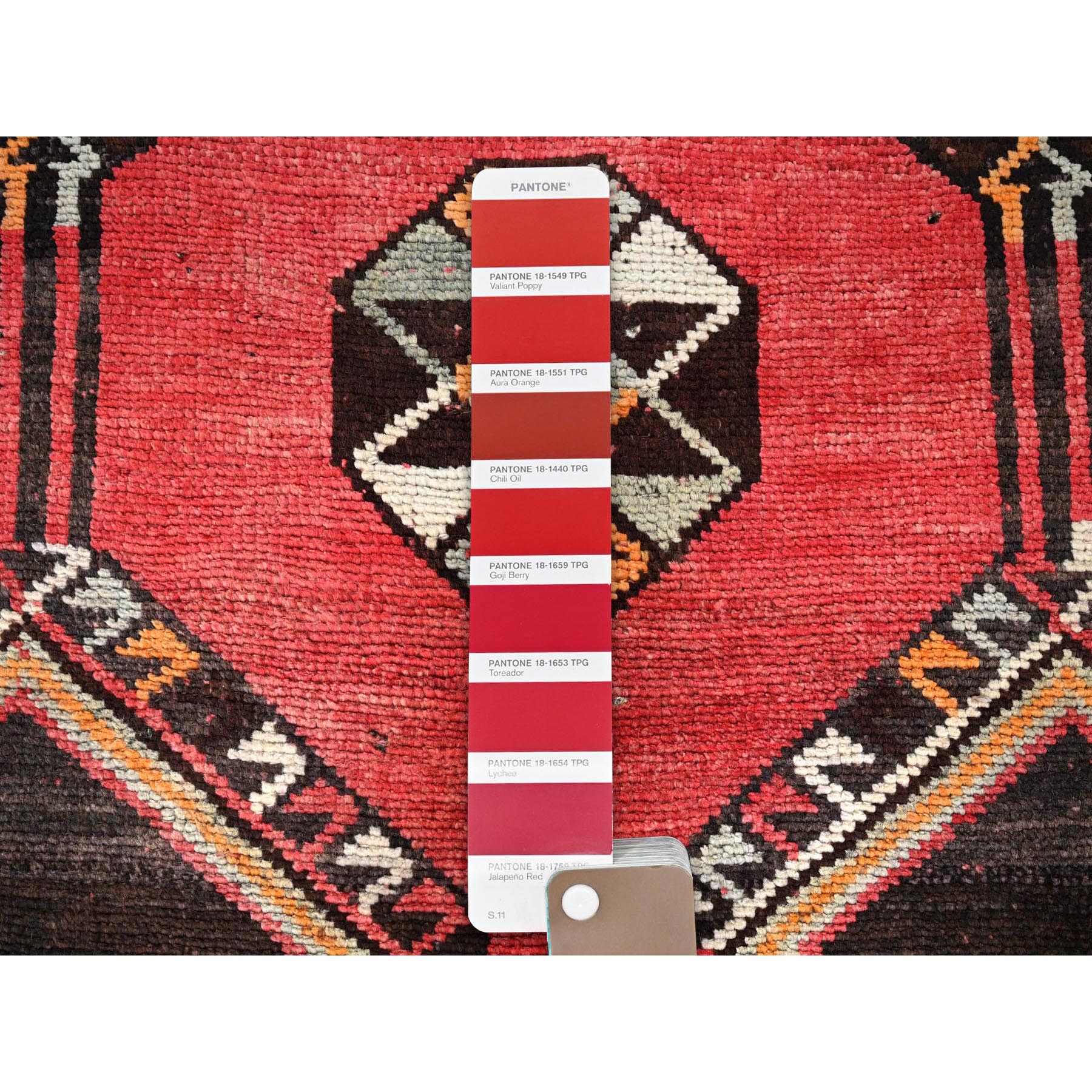 3'1"x8'4" Imperial Red, Vintage Persian Shiraz with Geometric Pattern, 100% Wool, Hand Knotted, Shaved Down, Zero Pile, Even Wear, Sides and Ends Professionally Secured, Good Condition, Runner, Oriental Rug Sh777