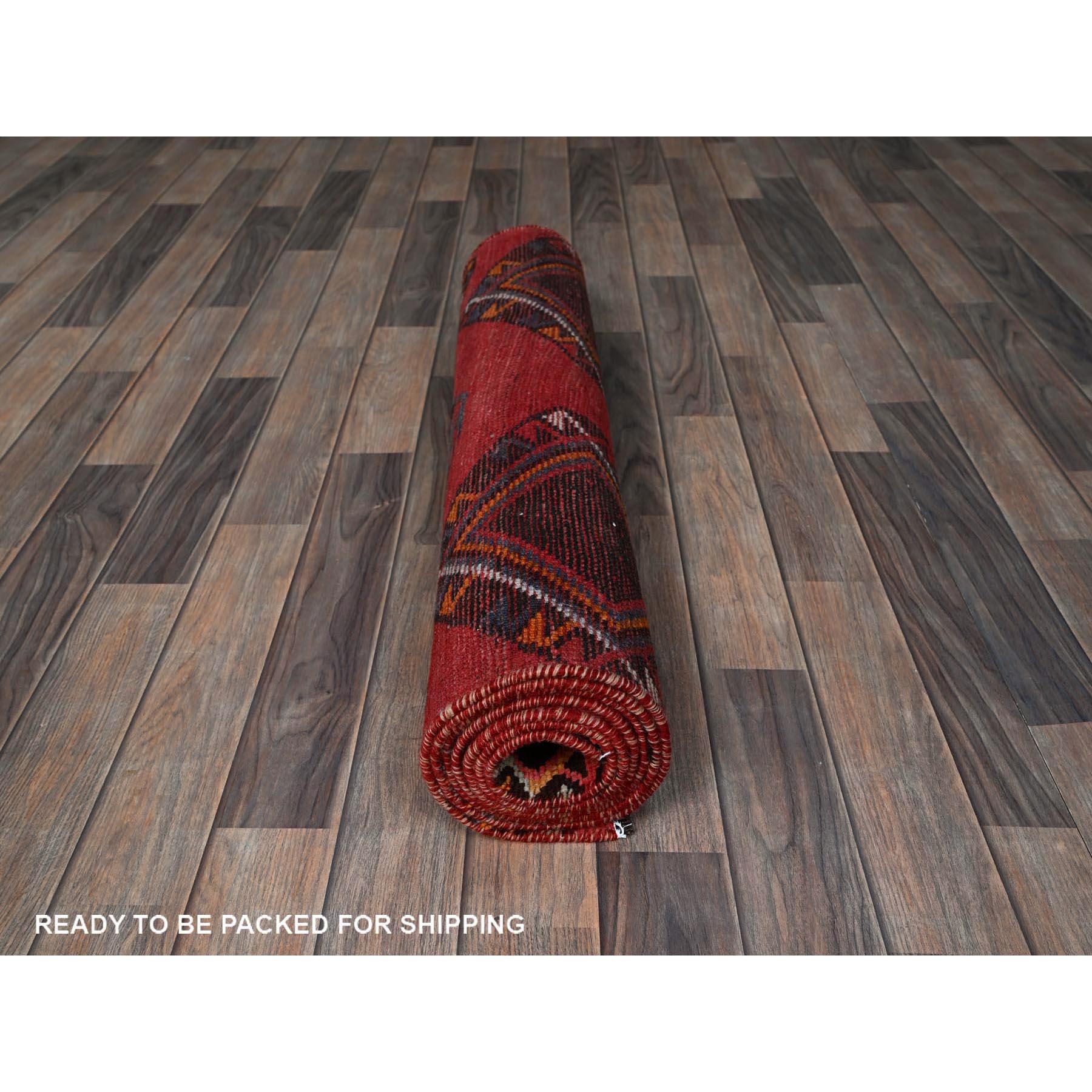 3'1"x8'4" Imperial Red, Vintage Persian Shiraz with Geometric Pattern, 100% Wool, Hand Knotted, Shaved Down, Zero Pile, Even Wear, Sides and Ends Professionally Secured, Good Condition, Runner, Oriental Rug Sh777