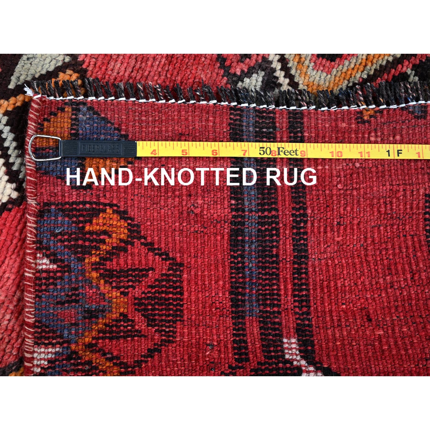3'1"x8'4" Imperial Red, Vintage Persian Shiraz with Geometric Pattern, 100% Wool, Hand Knotted, Shaved Down, Zero Pile, Even Wear, Sides and Ends Professionally Secured, Good Condition, Runner, Oriental Rug Sh777