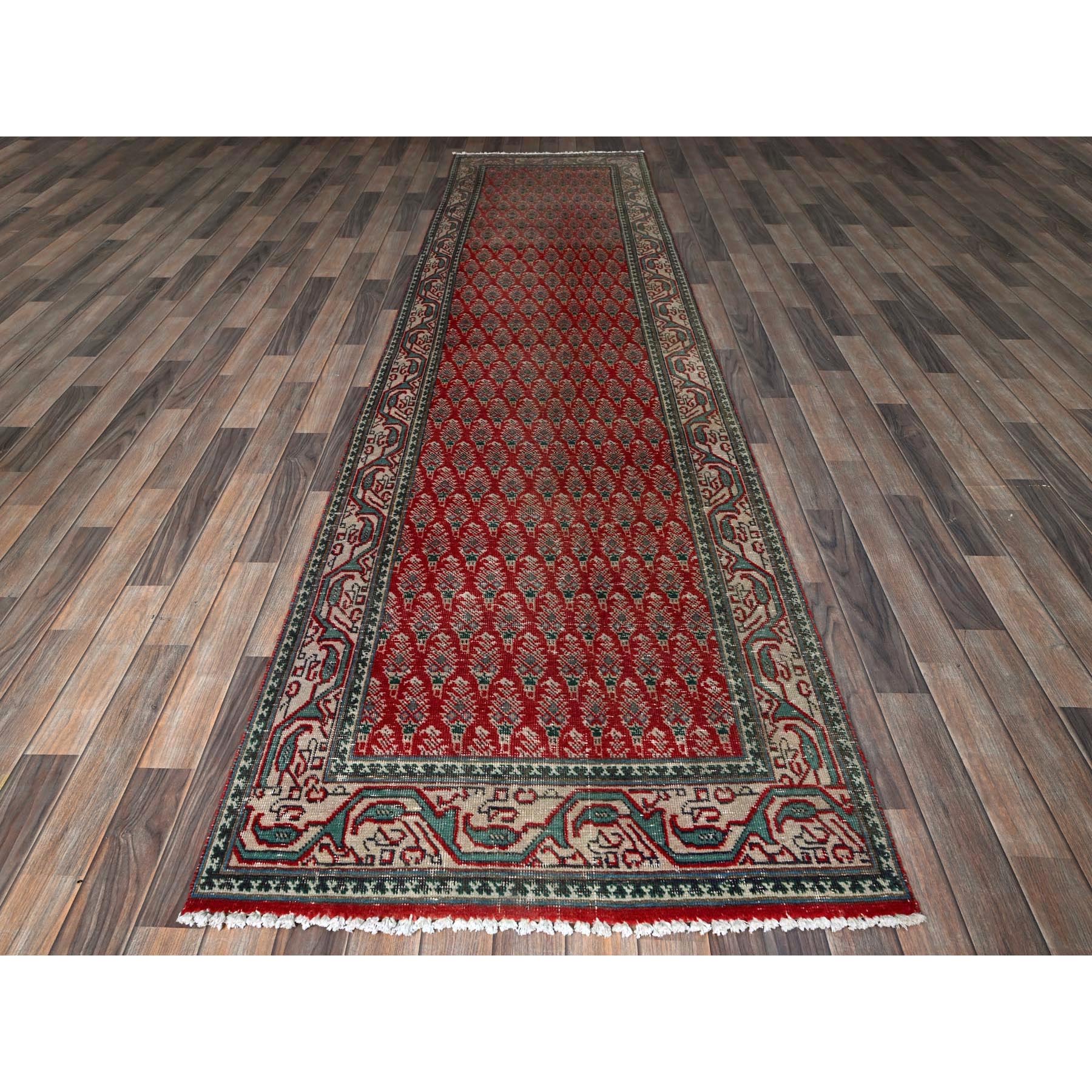 3'2"x12'4" Crimson Red, Vintage Persian Tabriz with Acorn Design Intricate Repetitive Pattern, 100% Wool, Hand Knotted, Shaved Down, Zero Pile, Sides and Ends Professionally Secured, Good Condition, Runner, Oriental Rug Sh779