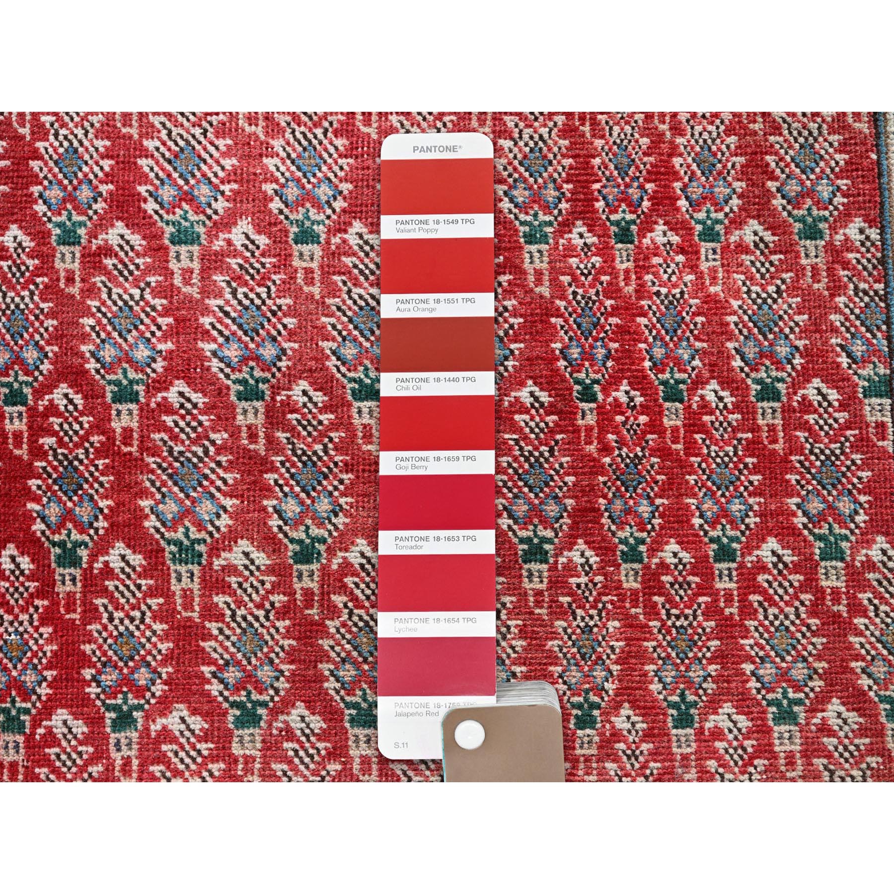 3'2"x12'4" Crimson Red, Vintage Persian Tabriz with Acorn Design Intricate Repetitive Pattern, 100% Wool, Hand Knotted, Shaved Down, Zero Pile, Sides and Ends Professionally Secured, Good Condition, Runner, Oriental Rug Sh779