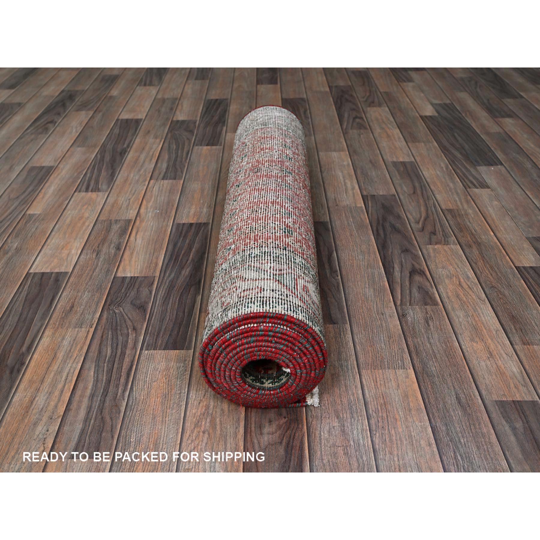 3'2"x12'4" Crimson Red, Vintage Persian Tabriz with Acorn Design Intricate Repetitive Pattern, 100% Wool, Hand Knotted, Shaved Down, Zero Pile, Sides and Ends Professionally Secured, Good Condition, Runner, Oriental Rug Sh779