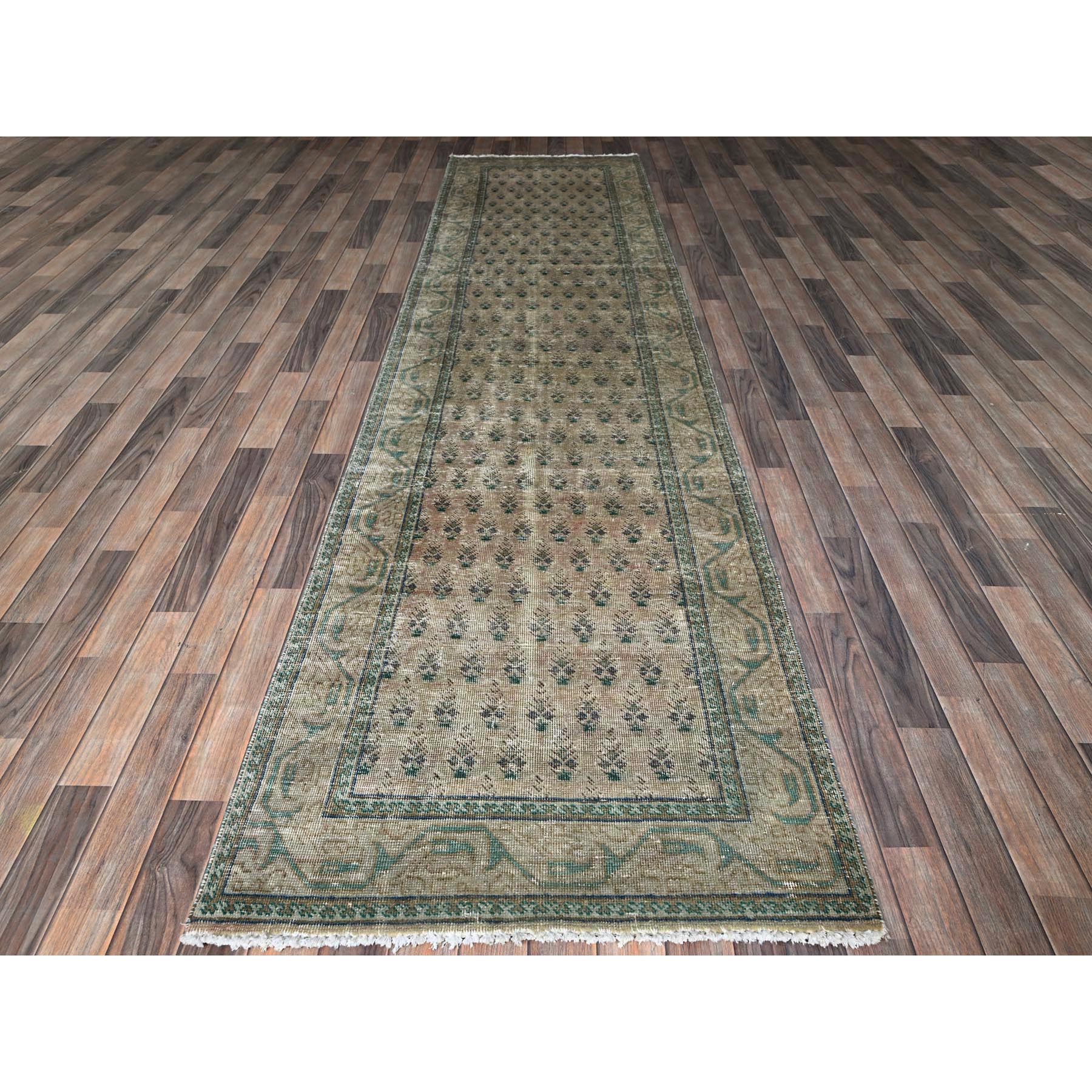 3'2"x12'6" Dark Vanilla Brown, Washed Out Vintage Persian Tabriz with Acorn Design Intricate Repetitive Pattern, 100% Wool, Hand Knotted, Shaved Down, Zero Pile, Sides and Ends Professionally Secured, Runner, Oriental Rug Sh780