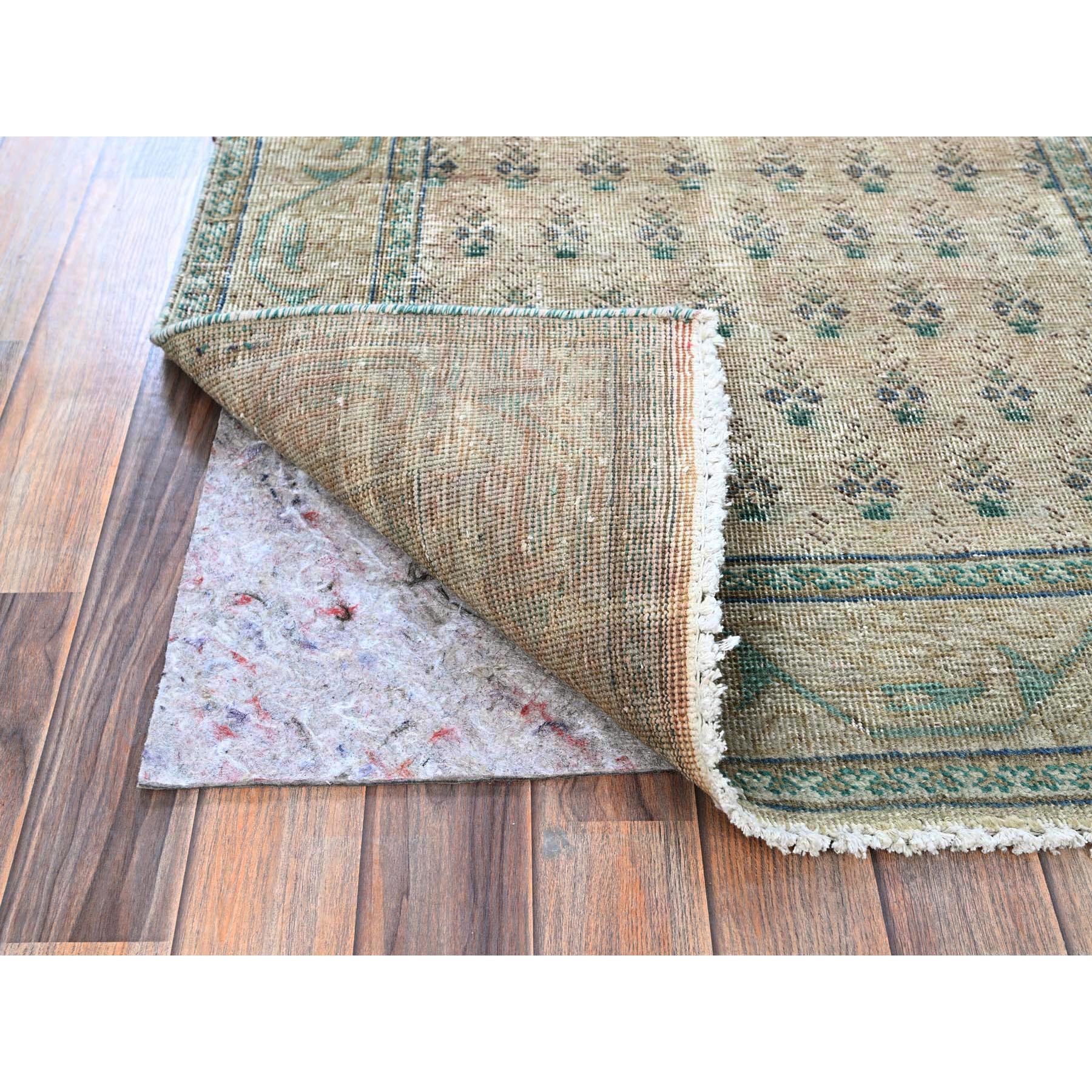 3'2"x12'6" Dark Vanilla Brown, Washed Out Vintage Persian Tabriz with Acorn Design Intricate Repetitive Pattern, 100% Wool, Hand Knotted, Shaved Down, Zero Pile, Sides and Ends Professionally Secured, Runner, Oriental Rug Sh780