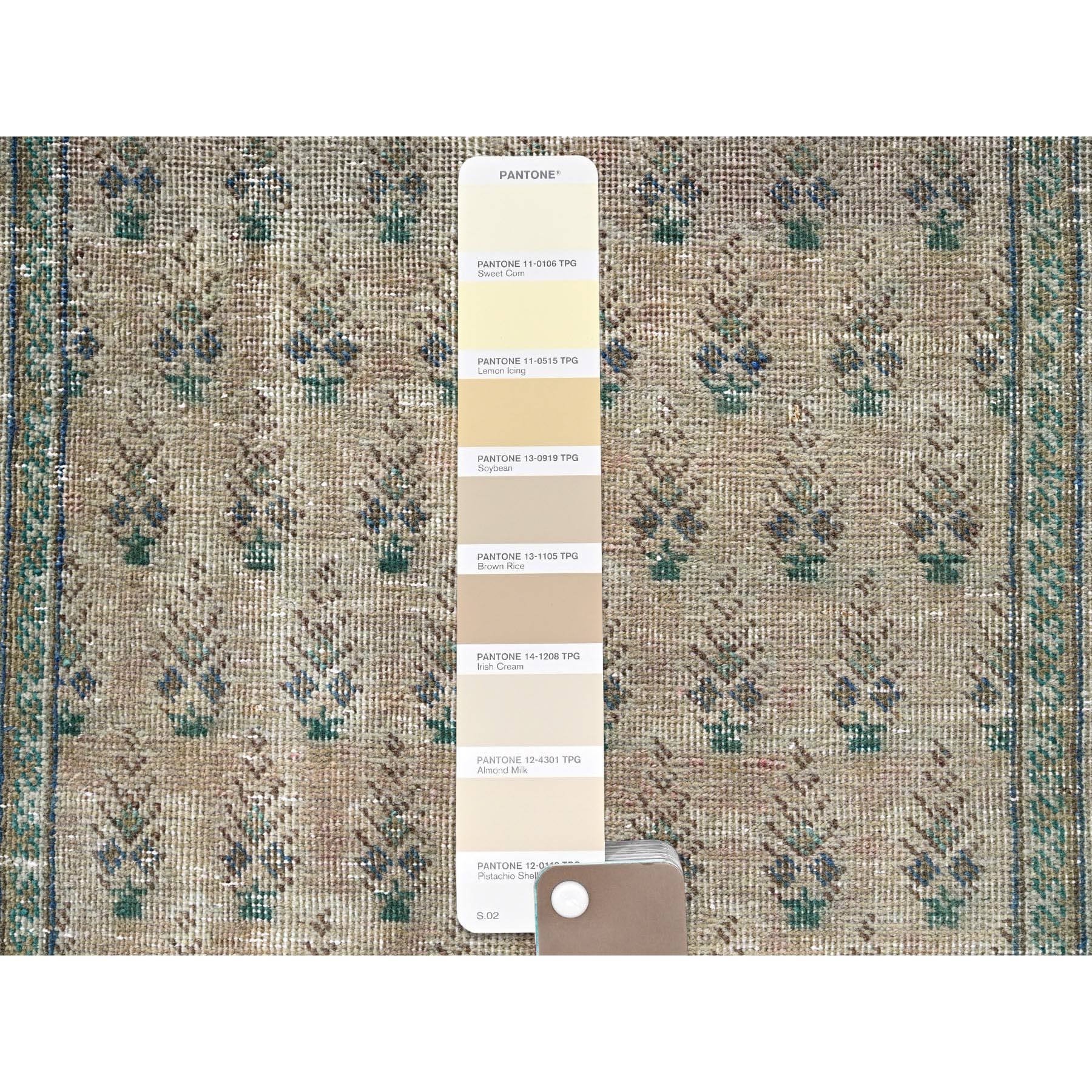 3'2"x12'6" Dark Vanilla Brown, Washed Out Vintage Persian Tabriz with Acorn Design Intricate Repetitive Pattern, 100% Wool, Hand Knotted, Shaved Down, Zero Pile, Sides and Ends Professionally Secured, Runner, Oriental Rug Sh780