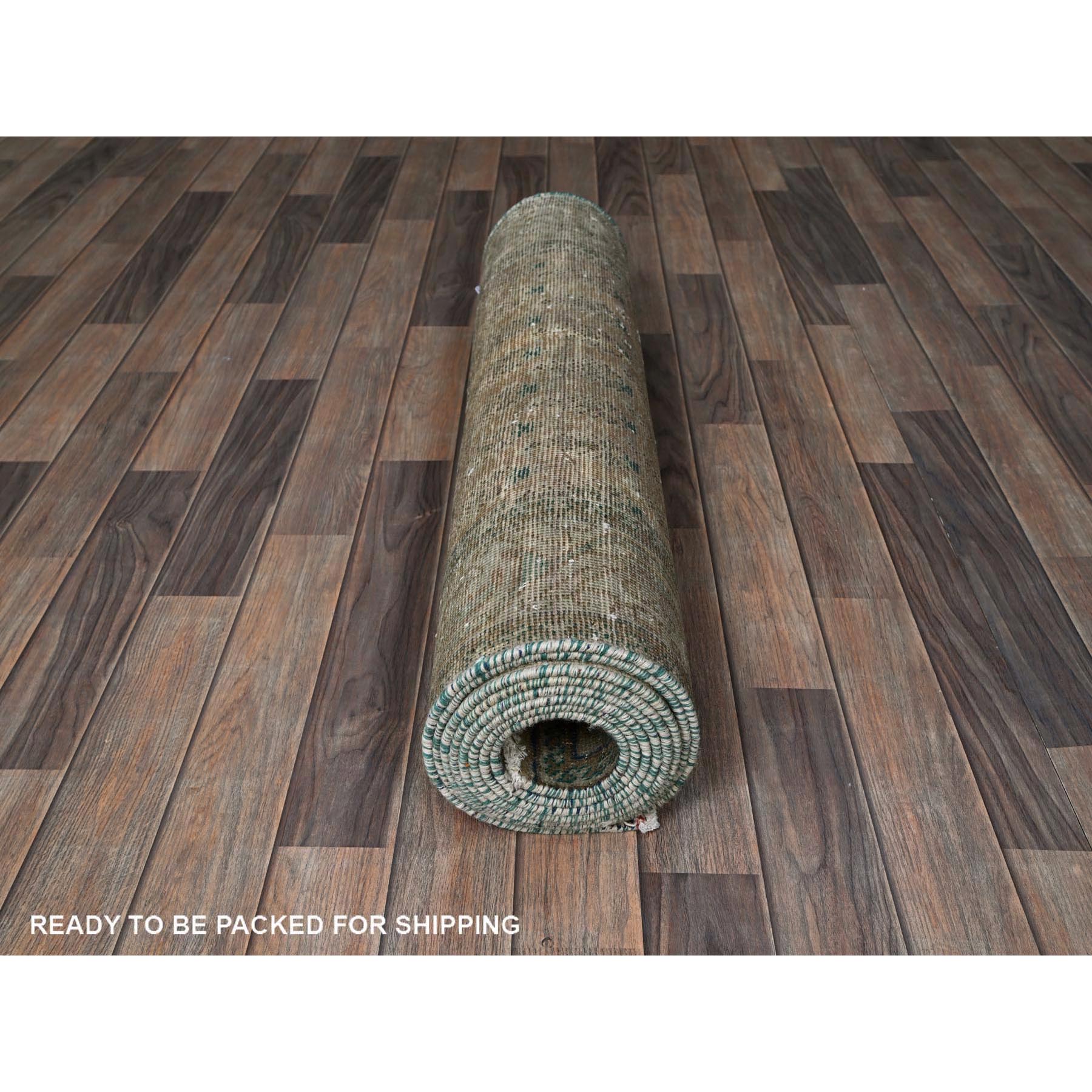 3'2"x12'6" Dark Vanilla Brown, Washed Out Vintage Persian Tabriz with Acorn Design Intricate Repetitive Pattern, 100% Wool, Hand Knotted, Shaved Down, Zero Pile, Sides and Ends Professionally Secured, Runner, Oriental Rug Sh780