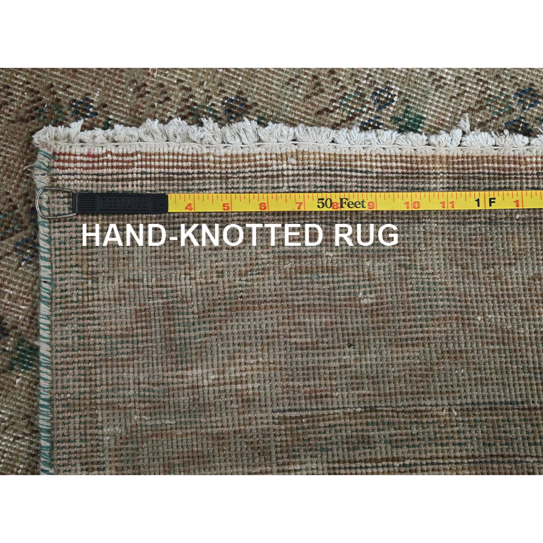 3'2"x12'6" Dark Vanilla Brown, Washed Out Vintage Persian Tabriz with Acorn Design Intricate Repetitive Pattern, 100% Wool, Hand Knotted, Shaved Down, Zero Pile, Sides and Ends Professionally Secured, Runner, Oriental Rug Sh780