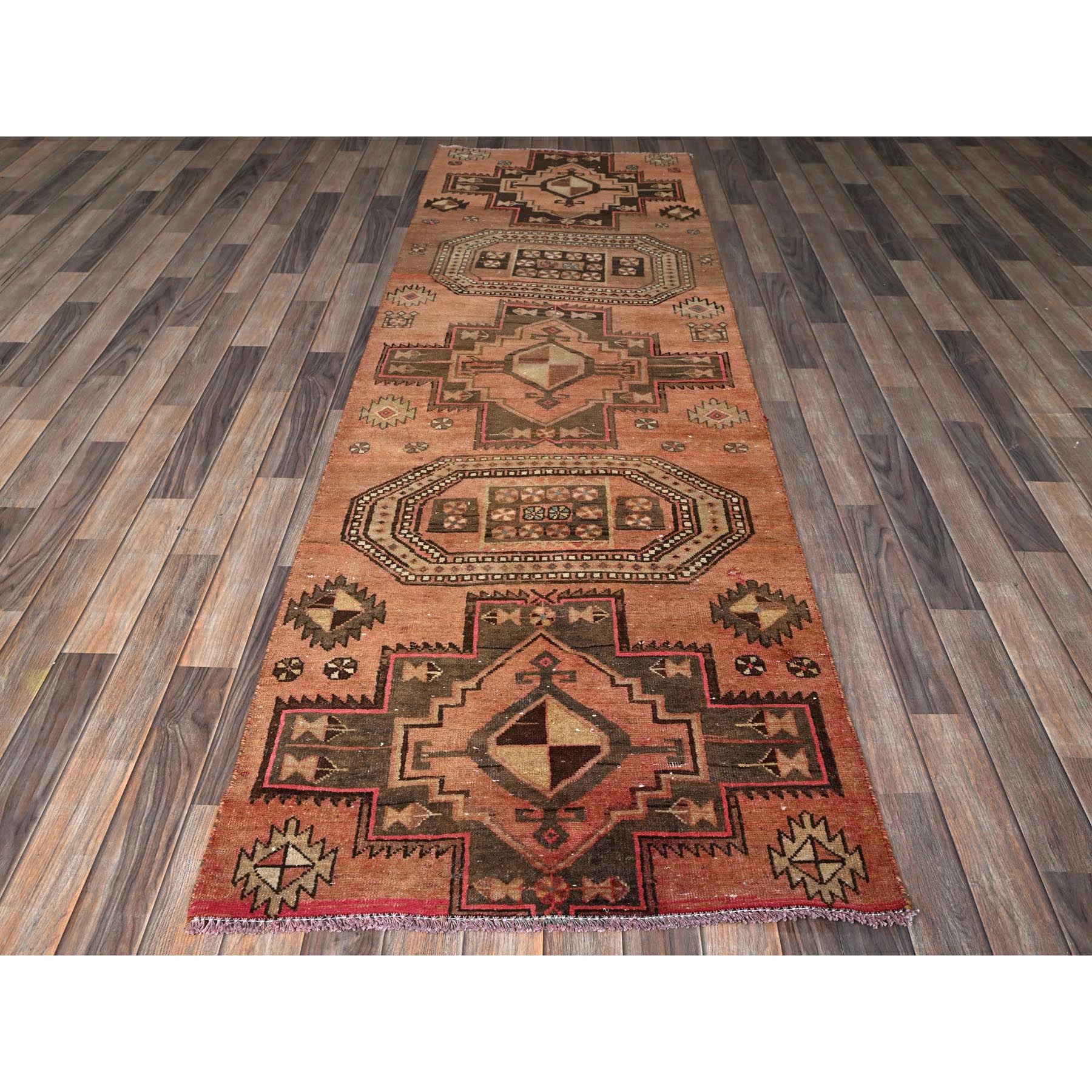 3'x9' Peach Color, Overdyed Vintage Persian Hamadan with Distinct Abrash, Geometric Medallions Design, 100% Wool, Hand Knotted, Shaved Down, Sides and Ends Professionally Secured, Clean, Runner, Oriental Rug Sh781