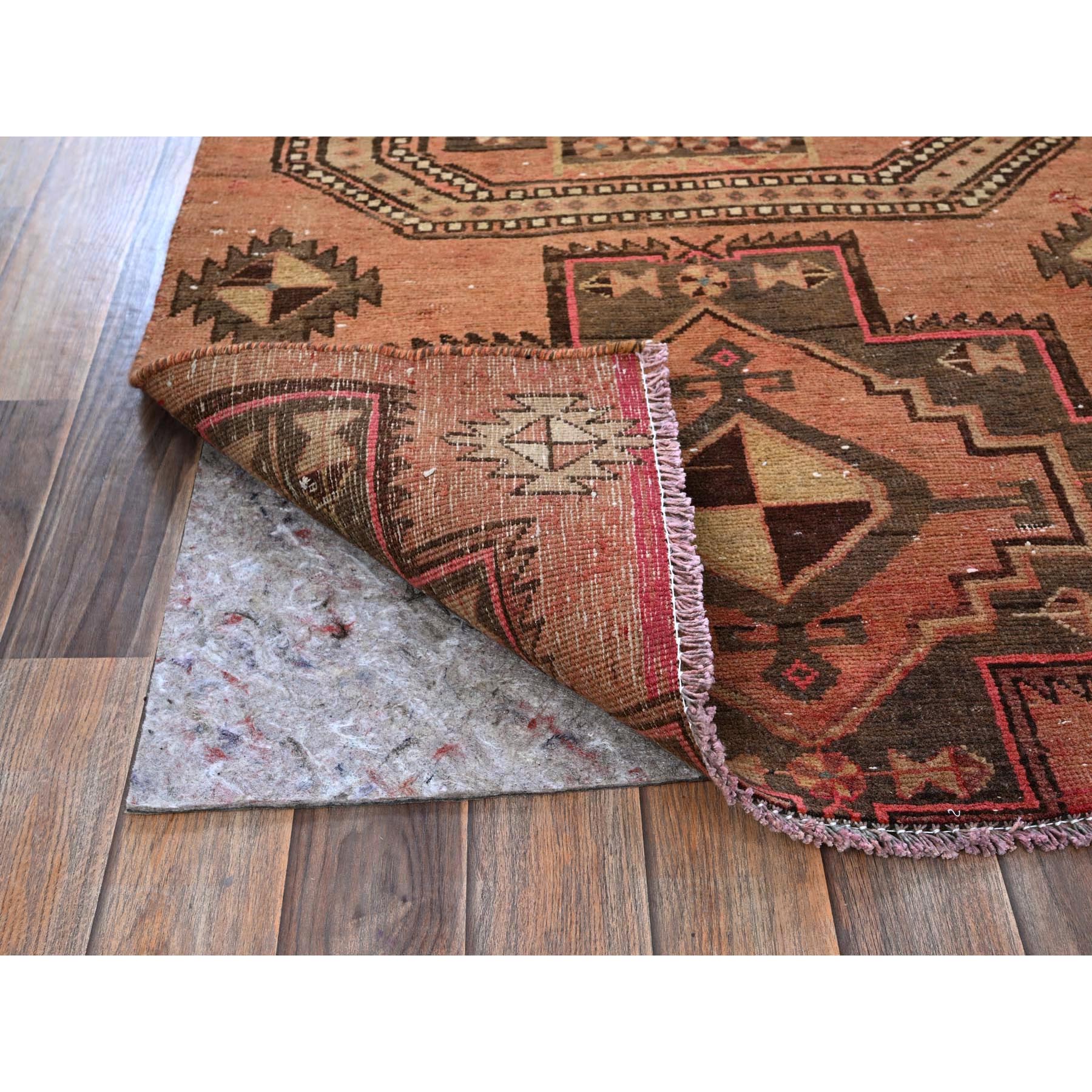 3'x9' Peach Color, Overdyed Vintage Persian Hamadan with Distinct Abrash, Geometric Medallions Design, 100% Wool, Hand Knotted, Shaved Down, Sides and Ends Professionally Secured, Clean, Runner, Oriental Rug Sh781