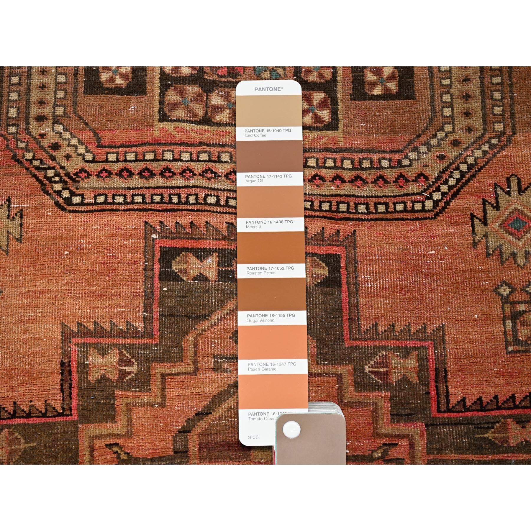 3'x9' Peach Color, Overdyed Vintage Persian Hamadan with Distinct Abrash, Geometric Medallions Design, 100% Wool, Hand Knotted, Shaved Down, Sides and Ends Professionally Secured, Clean, Runner, Oriental Rug Sh781