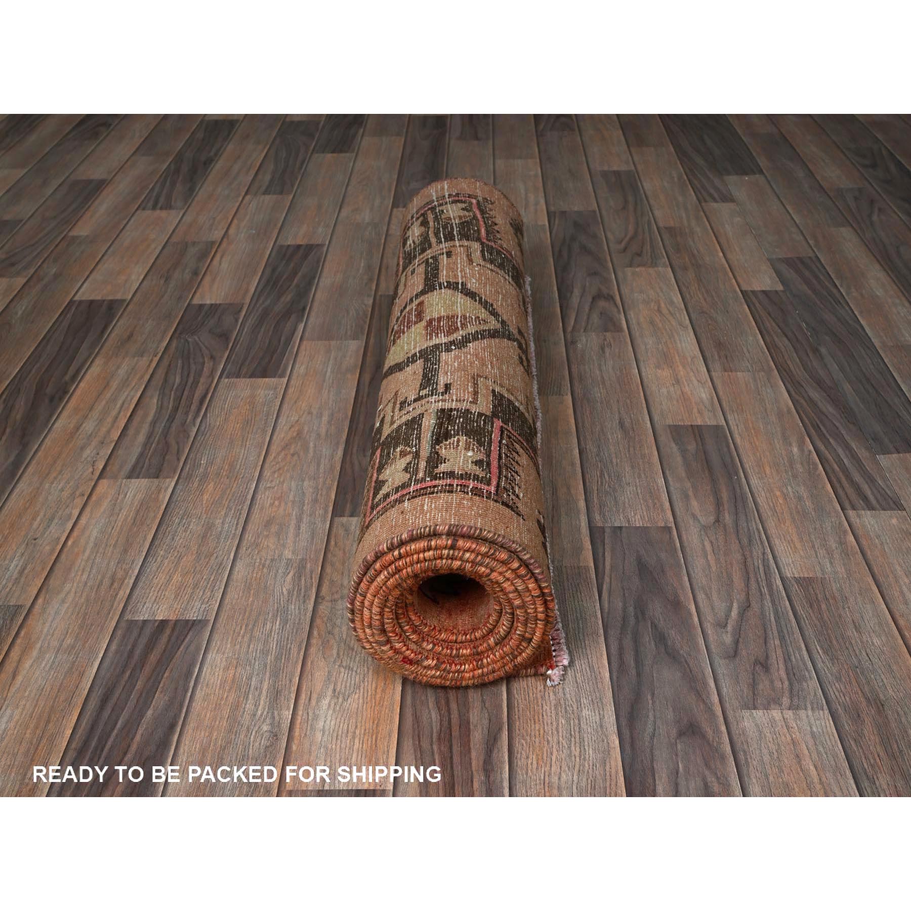 3'x9' Peach Color, Overdyed Vintage Persian Hamadan with Distinct Abrash, Geometric Medallions Design, 100% Wool, Hand Knotted, Shaved Down, Sides and Ends Professionally Secured, Clean, Runner, Oriental Rug Sh781