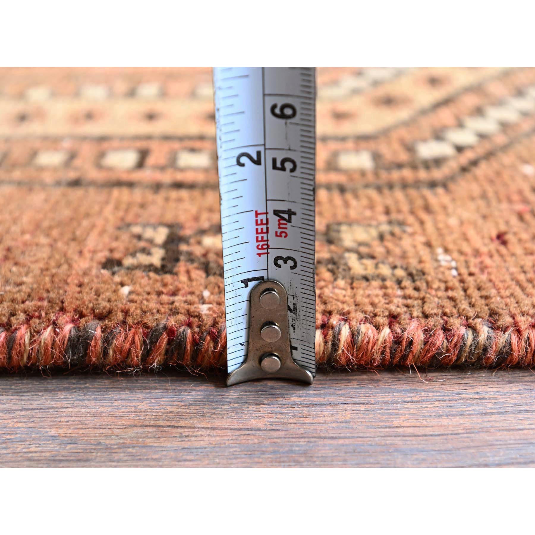 3'x9' Peach Color, Overdyed Vintage Persian Hamadan with Distinct Abrash, Geometric Medallions Design, 100% Wool, Hand Knotted, Shaved Down, Sides and Ends Professionally Secured, Clean, Runner, Oriental Rug Sh781