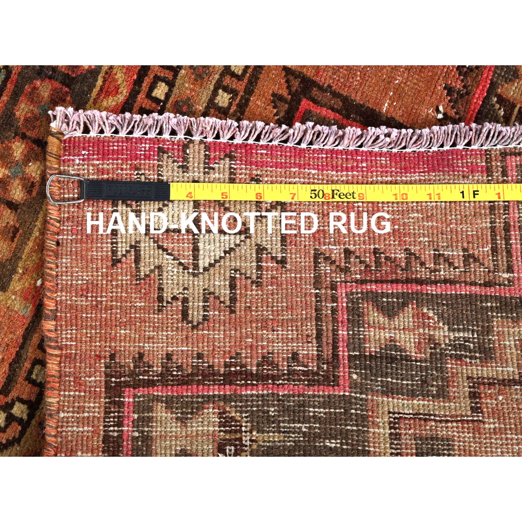 3'x9' Peach Color, Overdyed Vintage Persian Hamadan with Distinct Abrash, Geometric Medallions Design, 100% Wool, Hand Knotted, Shaved Down, Sides and Ends Professionally Secured, Clean, Runner, Oriental Rug Sh781