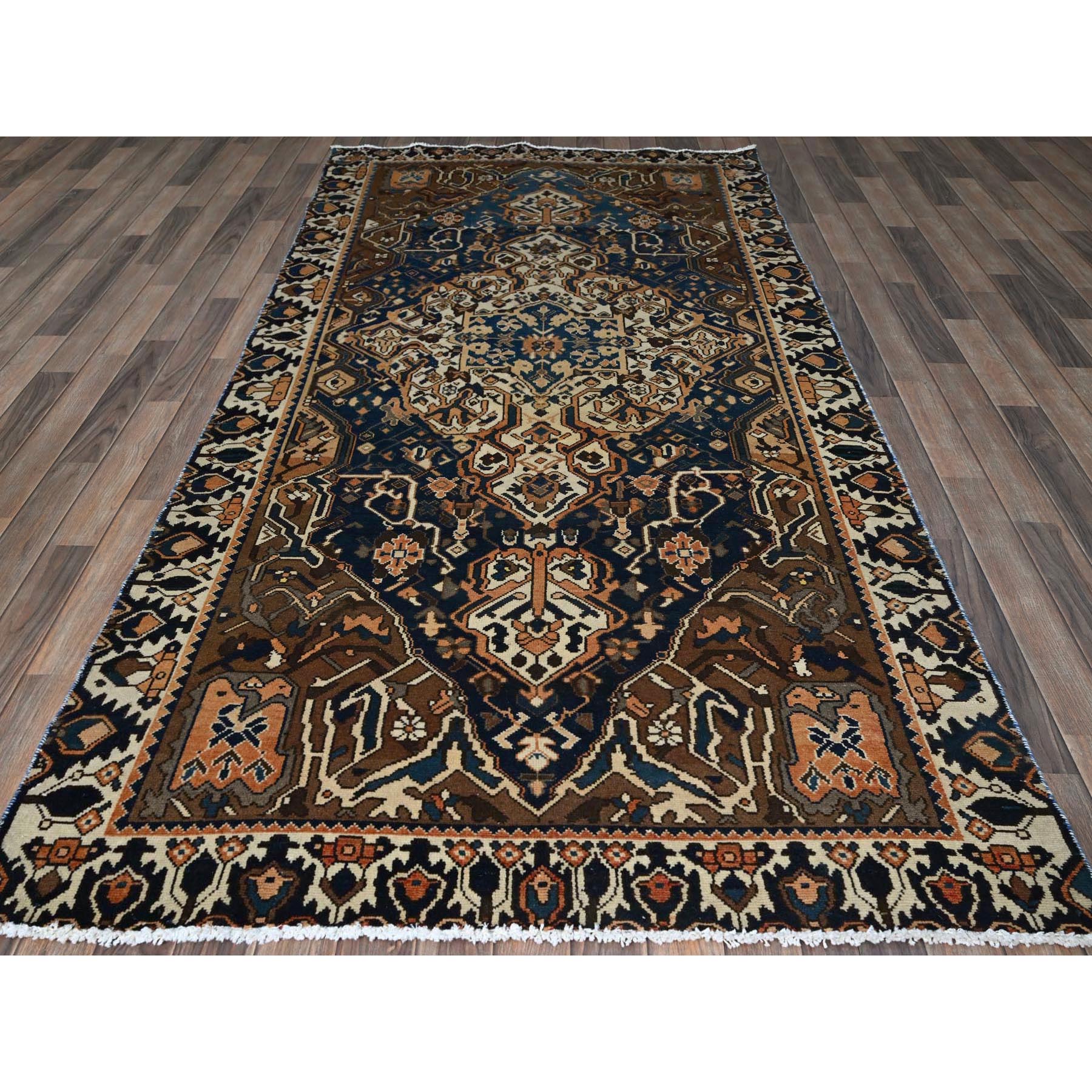 4'9"x9'3" Navy Blue, Vintage Persian Bakhtiar with Large Medallion Design, Cropped Thin, Zero Pile, Even Wear, Sides and Ends Professionally Secured, 100% Wool, Hand Knotted, Good Condition, Wide Runner, Oriental Rug Sh783