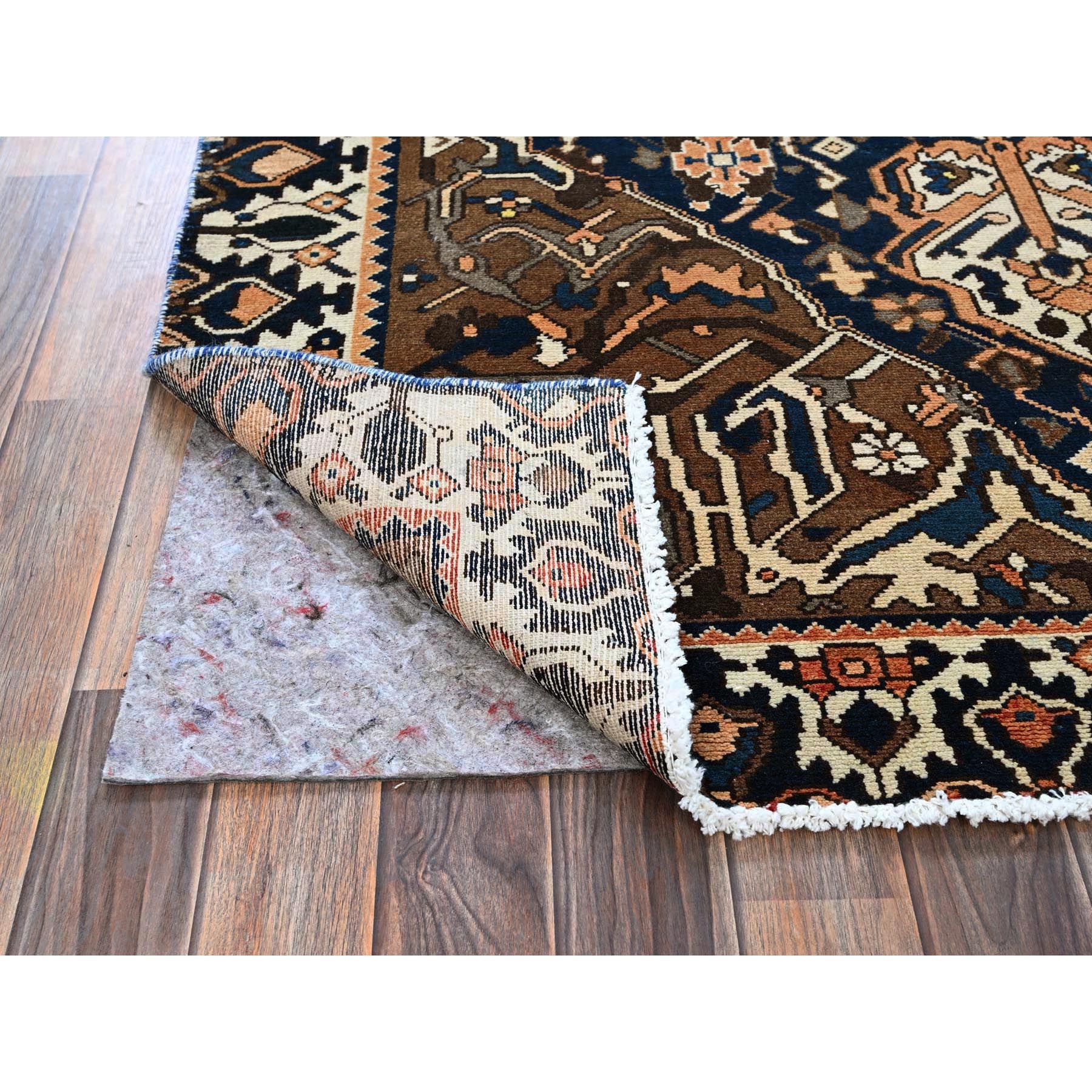 4'9"x9'3" Navy Blue, Vintage Persian Bakhtiar with Large Medallion Design, Cropped Thin, Zero Pile, Even Wear, Sides and Ends Professionally Secured, 100% Wool, Hand Knotted, Good Condition, Wide Runner, Oriental Rug Sh783