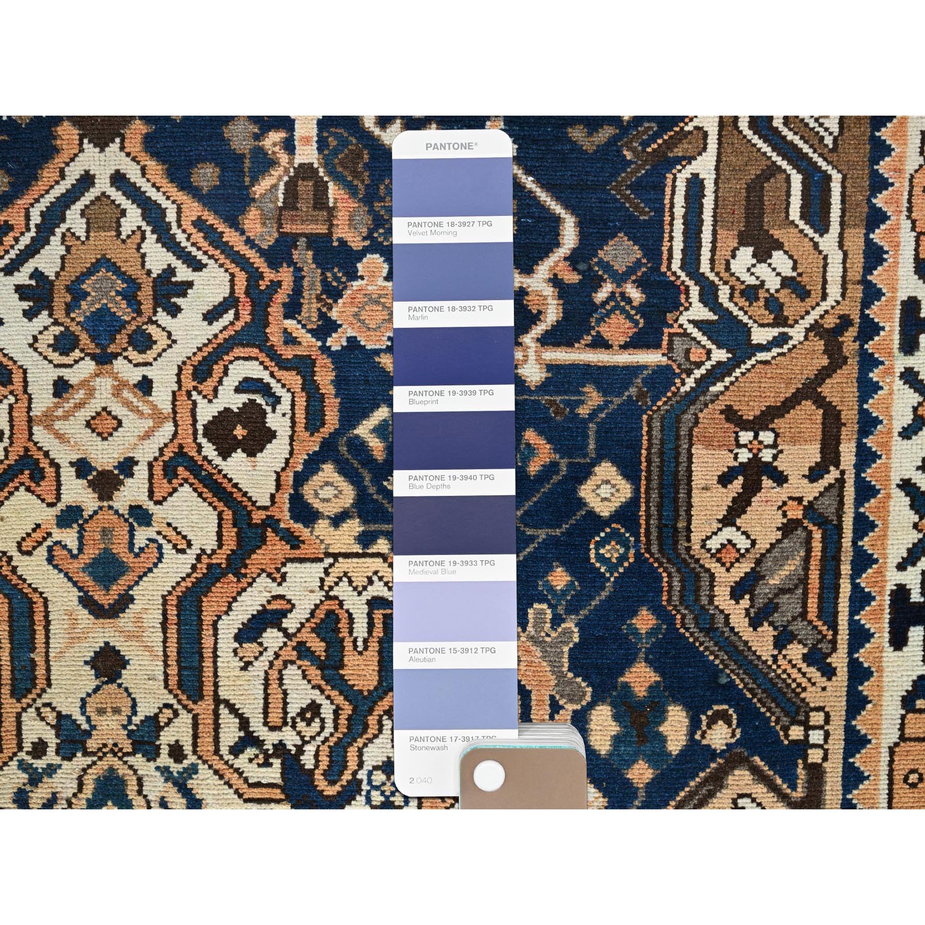 4'9"x9'3" Navy Blue, Vintage Persian Bakhtiar with Large Medallion Design, Cropped Thin, Zero Pile, Even Wear, Sides and Ends Professionally Secured, 100% Wool, Hand Knotted, Good Condition, Wide Runner, Oriental Rug Sh783