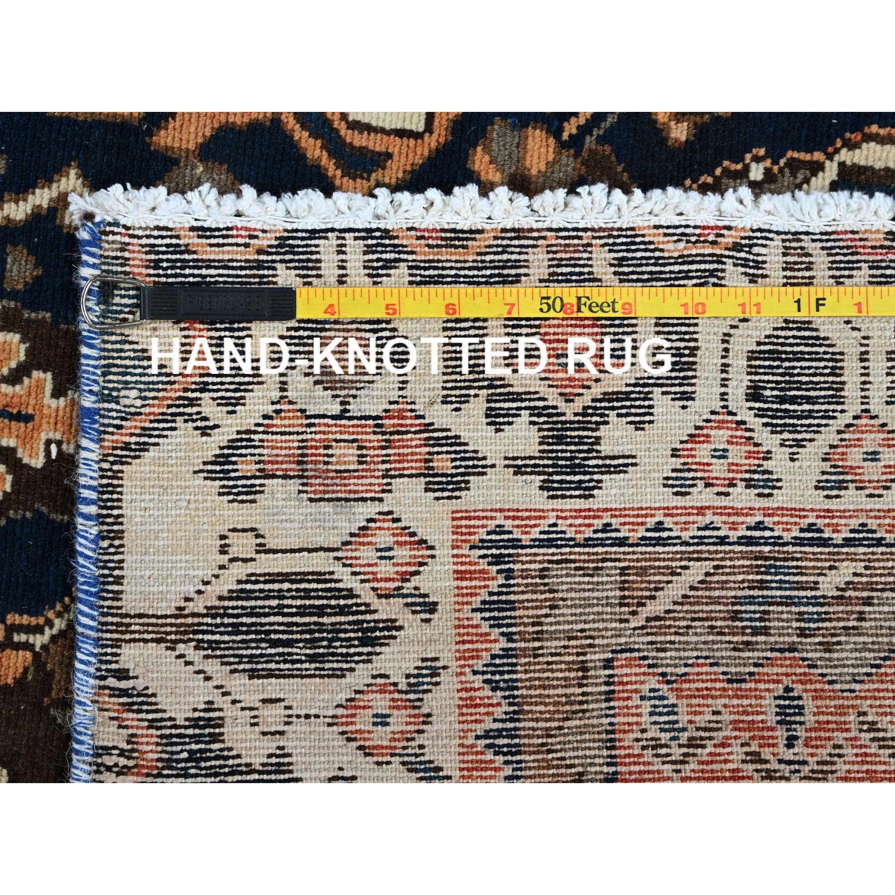 4'9"x9'3" Navy Blue, Vintage Persian Bakhtiar with Large Medallion Design, Cropped Thin, Zero Pile, Even Wear, Sides and Ends Professionally Secured, 100% Wool, Hand Knotted, Good Condition, Wide Runner, Oriental Rug Sh783