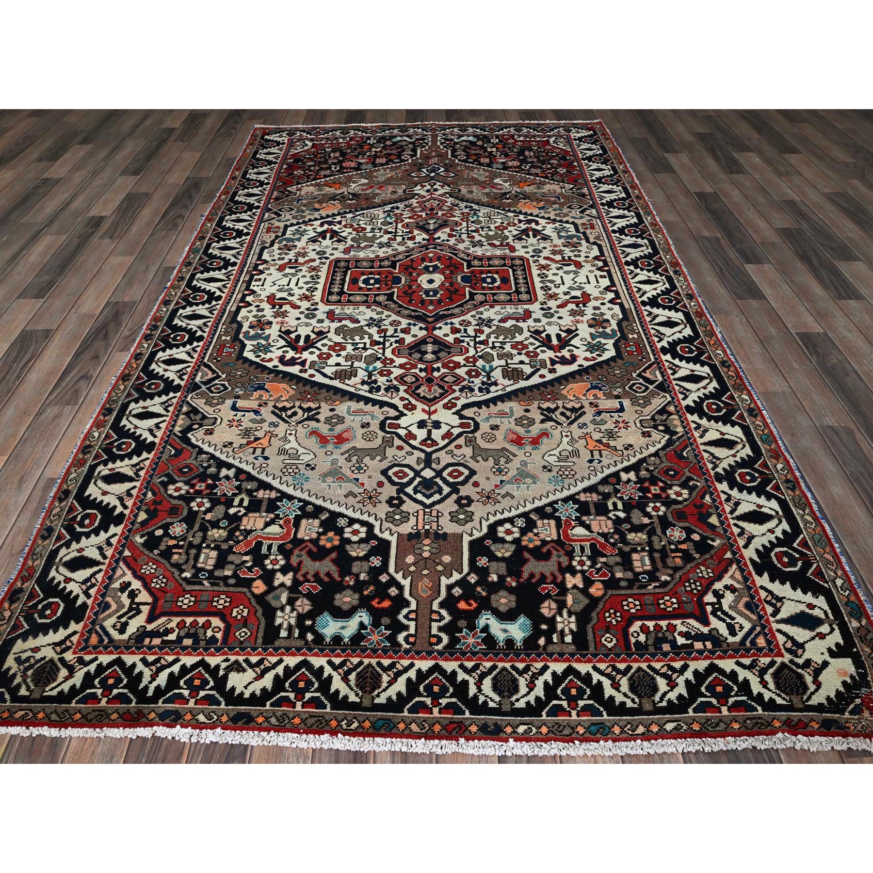 5'4"x9'8" Chiffon White, Vintage Persian Bakhtiar with Small Animal Figurines, Zero Pile, Sheared Low, Even Wear, Sides and Ends Professionally Secured, 100% Wool, Hand Knotted, Good Condition, Wide Runner, Oriental Rug Sh784