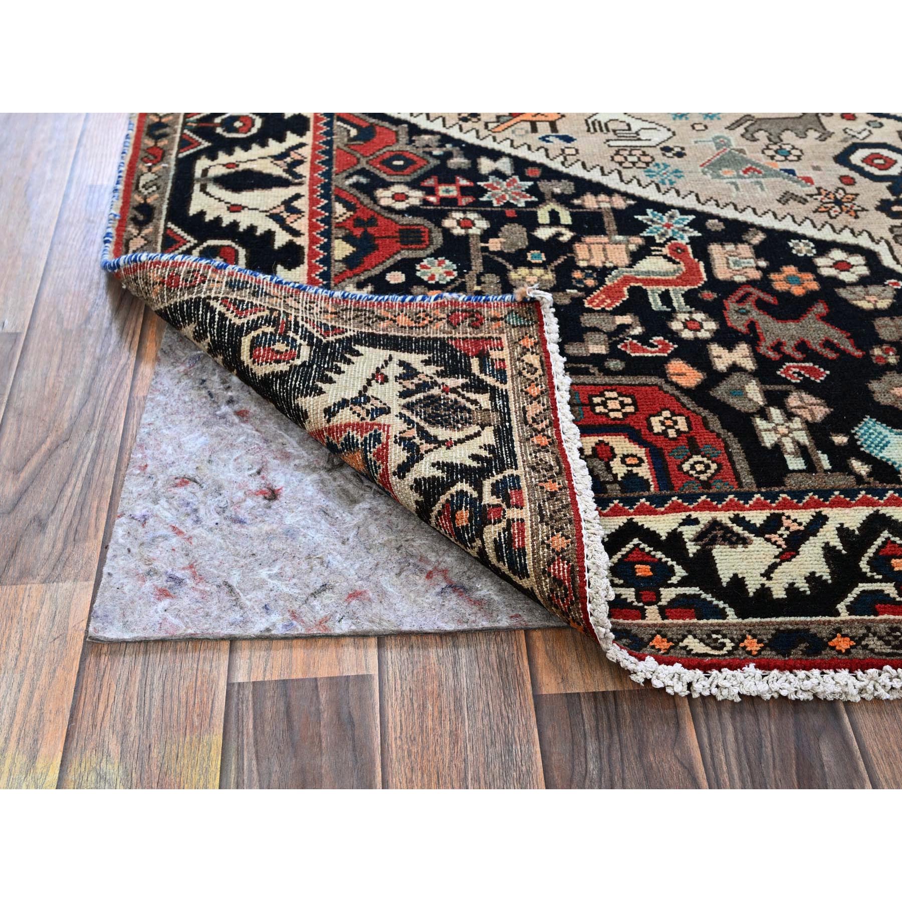 5'4"x9'8" Chiffon White, Vintage Persian Bakhtiar with Small Animal Figurines, Zero Pile, Sheared Low, Even Wear, Sides and Ends Professionally Secured, 100% Wool, Hand Knotted, Good Condition, Wide Runner, Oriental Rug Sh784