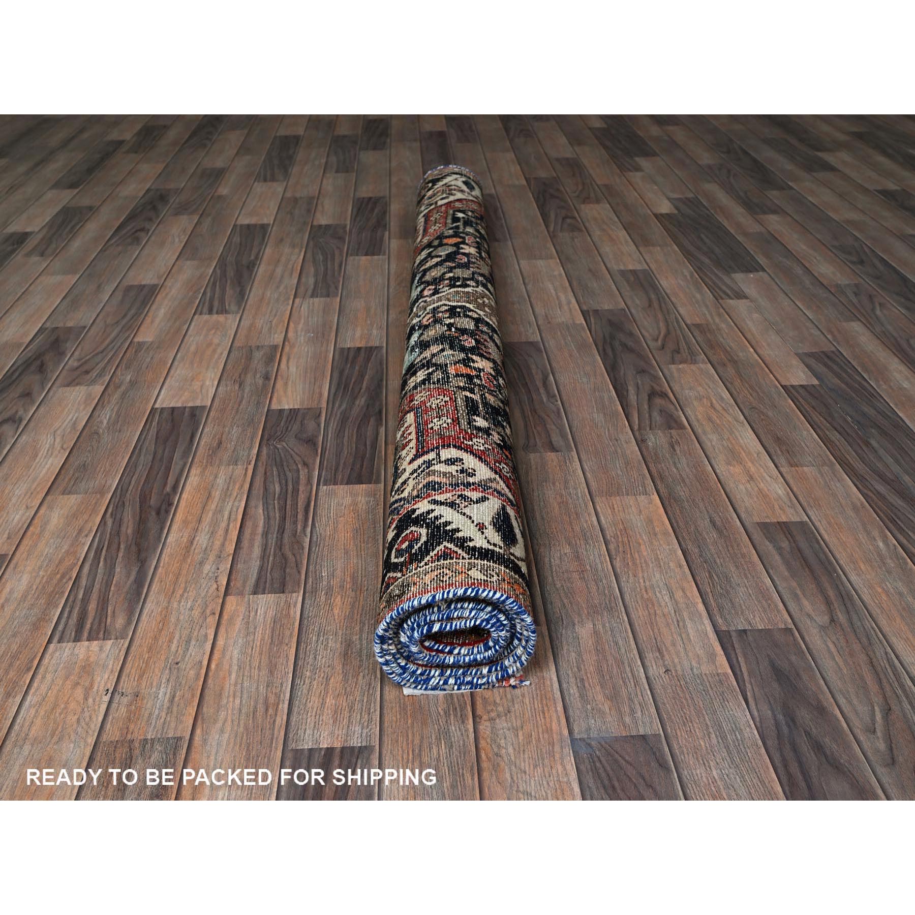 5'4"x9'8" Chiffon White, Vintage Persian Bakhtiar with Small Animal Figurines, Zero Pile, Sheared Low, Even Wear, Sides and Ends Professionally Secured, 100% Wool, Hand Knotted, Good Condition, Wide Runner, Oriental Rug Sh784