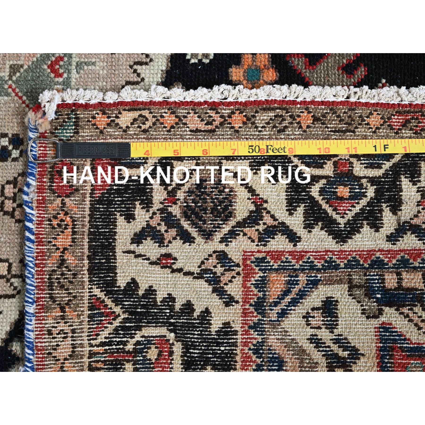 5'4"x9'8" Chiffon White, Vintage Persian Bakhtiar with Small Animal Figurines, Zero Pile, Sheared Low, Even Wear, Sides and Ends Professionally Secured, 100% Wool, Hand Knotted, Good Condition, Wide Runner, Oriental Rug Sh784