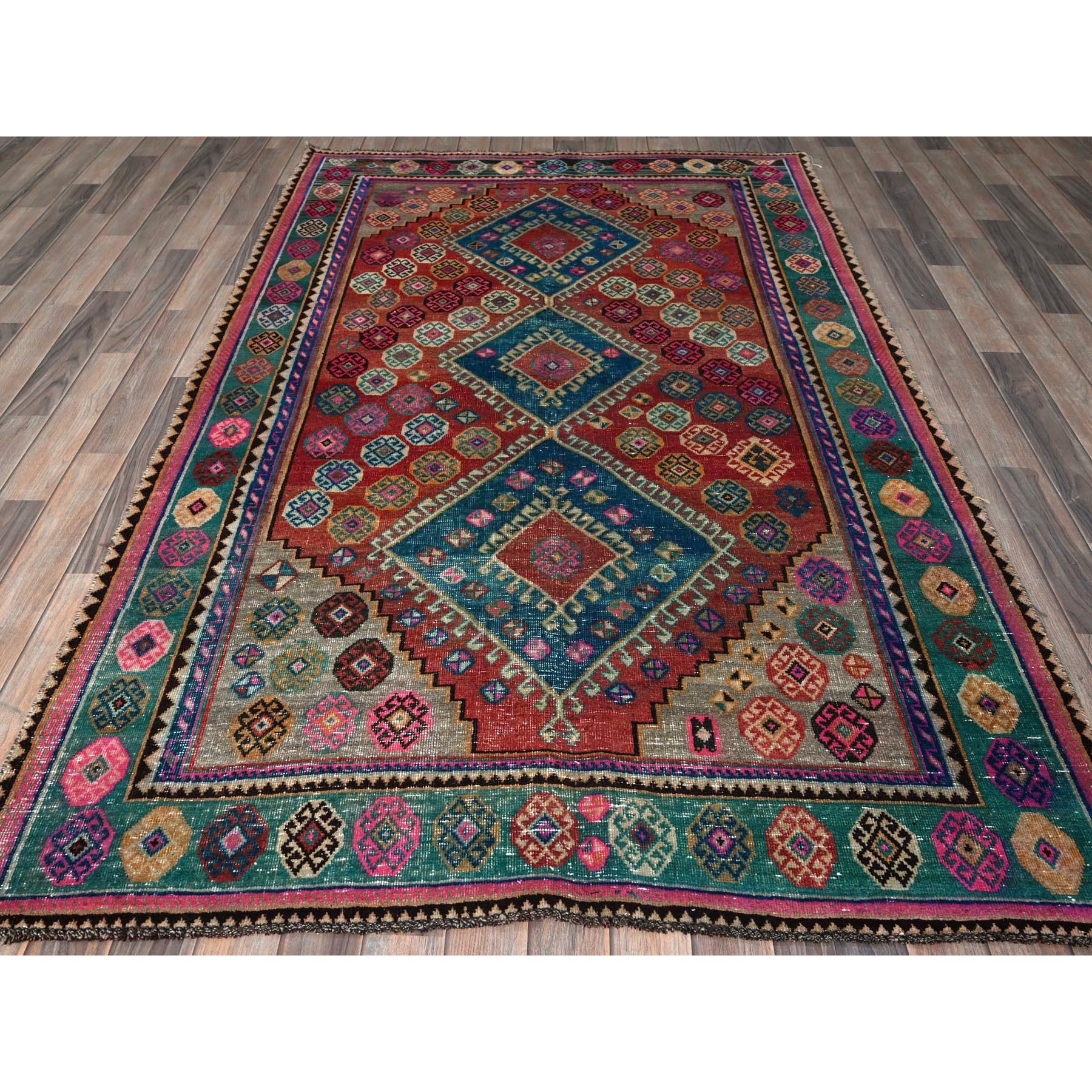 5'x7'9" Burnt Orange, Vintage Persian Shiraz with Geometric Pattern, 100% Wool, Hand Knotted, Shaved Down, Zero Pile, Even Wear, Sides and Ends Professionally Secured, Good Condition, Oriental Rug Sh785