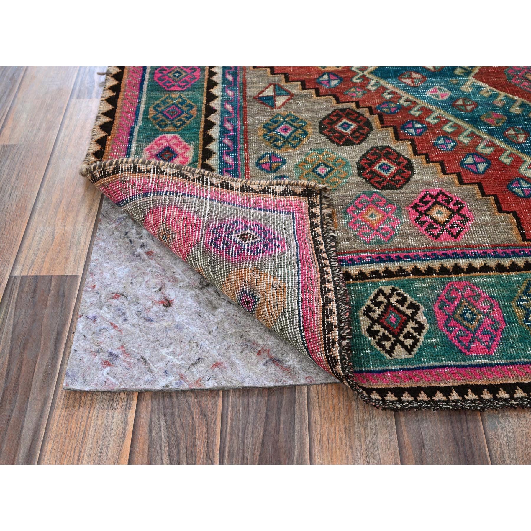 5'x7'9" Burnt Orange, Vintage Persian Shiraz with Geometric Pattern, 100% Wool, Hand Knotted, Shaved Down, Zero Pile, Even Wear, Sides and Ends Professionally Secured, Good Condition, Oriental Rug Sh785