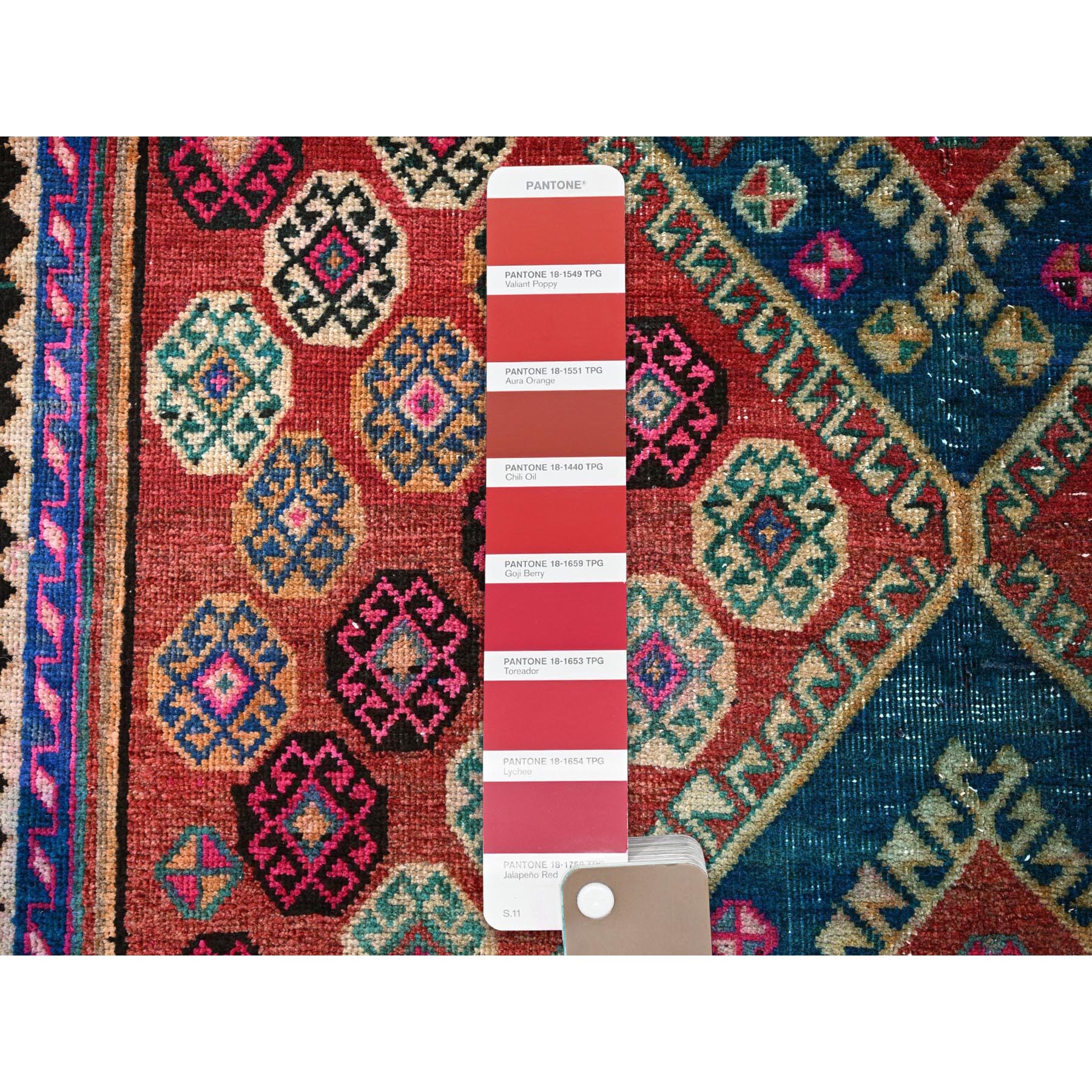 5'x7'9" Burnt Orange, Vintage Persian Shiraz with Geometric Pattern, 100% Wool, Hand Knotted, Shaved Down, Zero Pile, Even Wear, Sides and Ends Professionally Secured, Good Condition, Oriental Rug Sh785