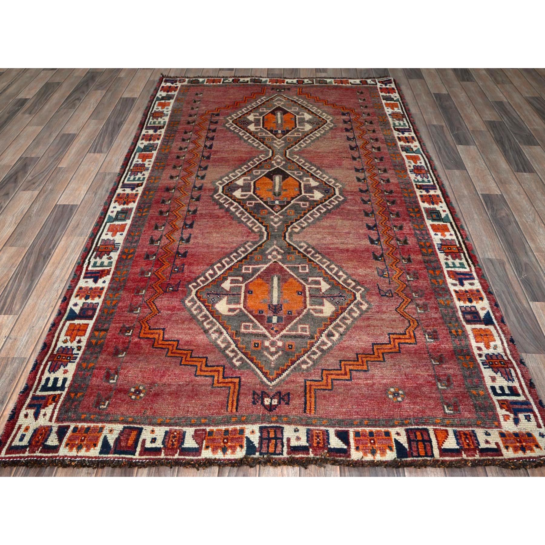 4'6"x7'5" Coral Red, Vintage Persian Shiraz with Geometric Pattern, 100% Wool, Hand Knotted, Shaved Down, Zero Pile, Even Wear, Sides and Ends Professionally Secured, Good Condition, Oriental Rug Sh787