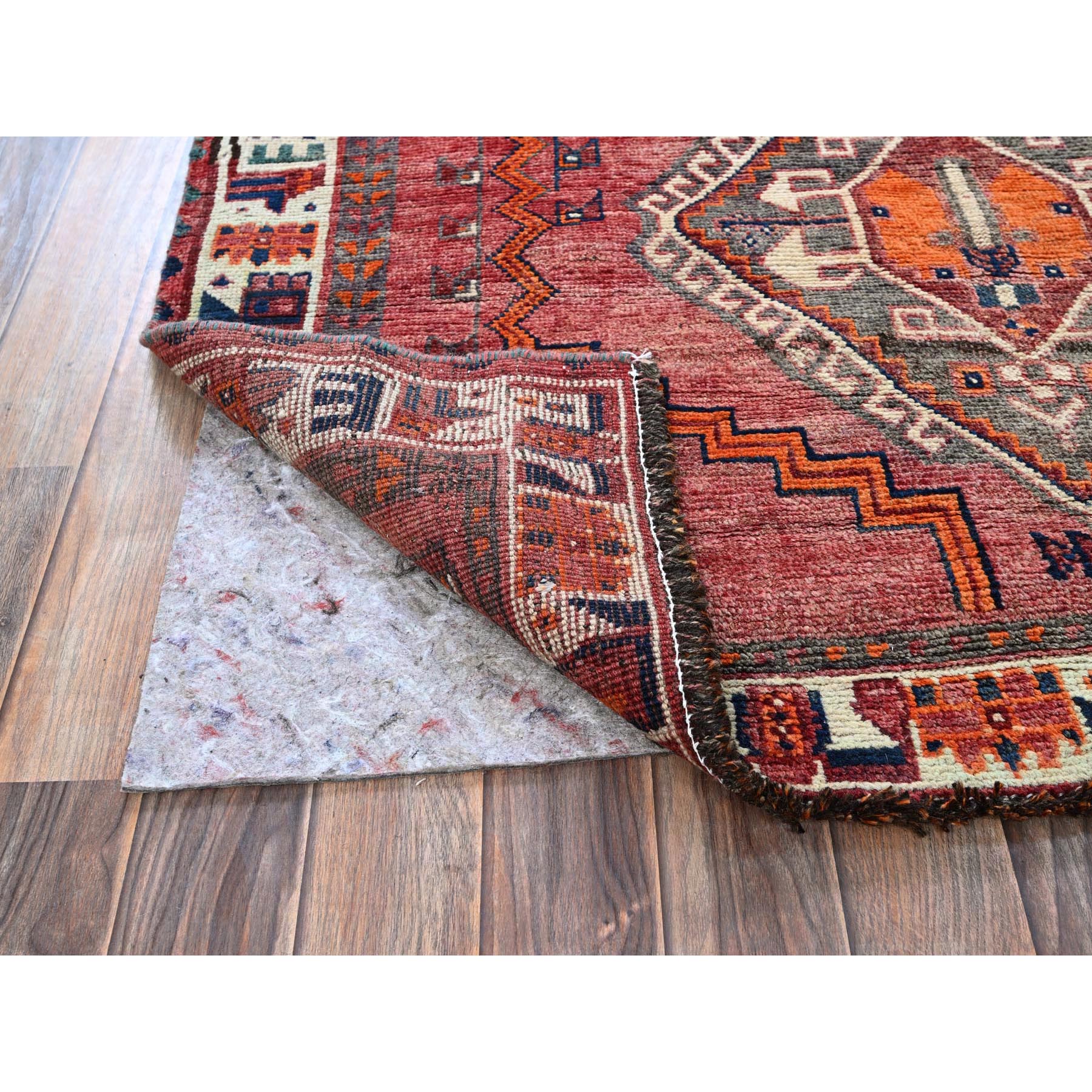 4'6"x7'5" Coral Red, Vintage Persian Shiraz with Geometric Pattern, 100% Wool, Hand Knotted, Shaved Down, Zero Pile, Even Wear, Sides and Ends Professionally Secured, Good Condition, Oriental Rug Sh787