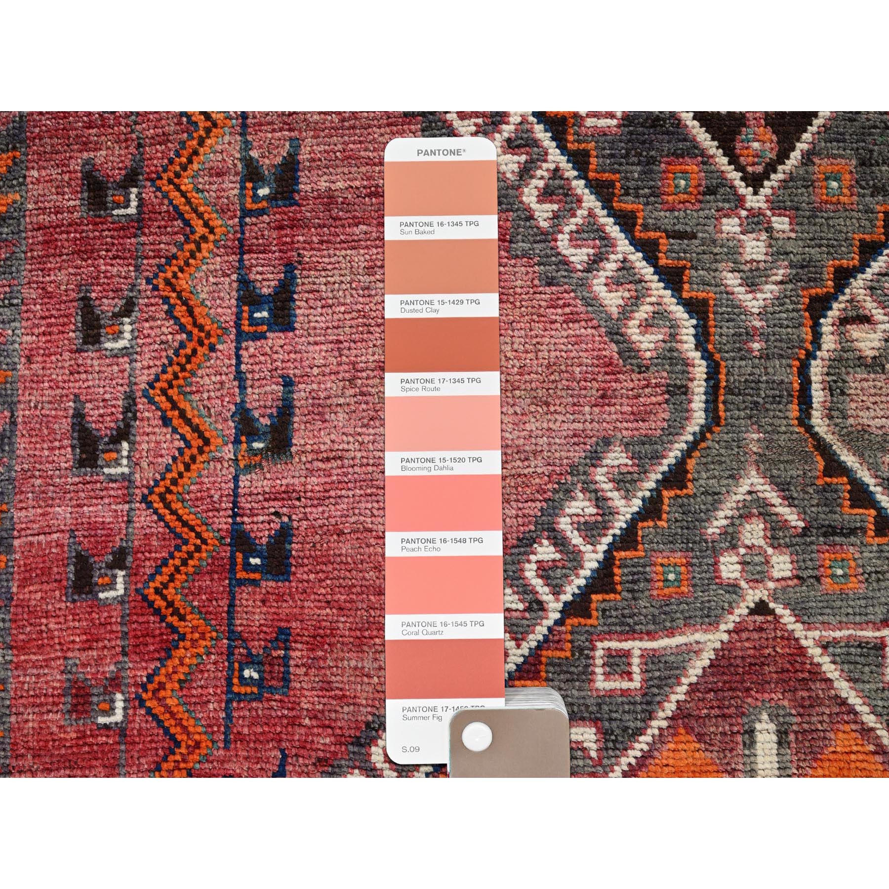 4'6"x7'5" Coral Red, Vintage Persian Shiraz with Geometric Pattern, 100% Wool, Hand Knotted, Shaved Down, Zero Pile, Even Wear, Sides and Ends Professionally Secured, Good Condition, Oriental Rug Sh787