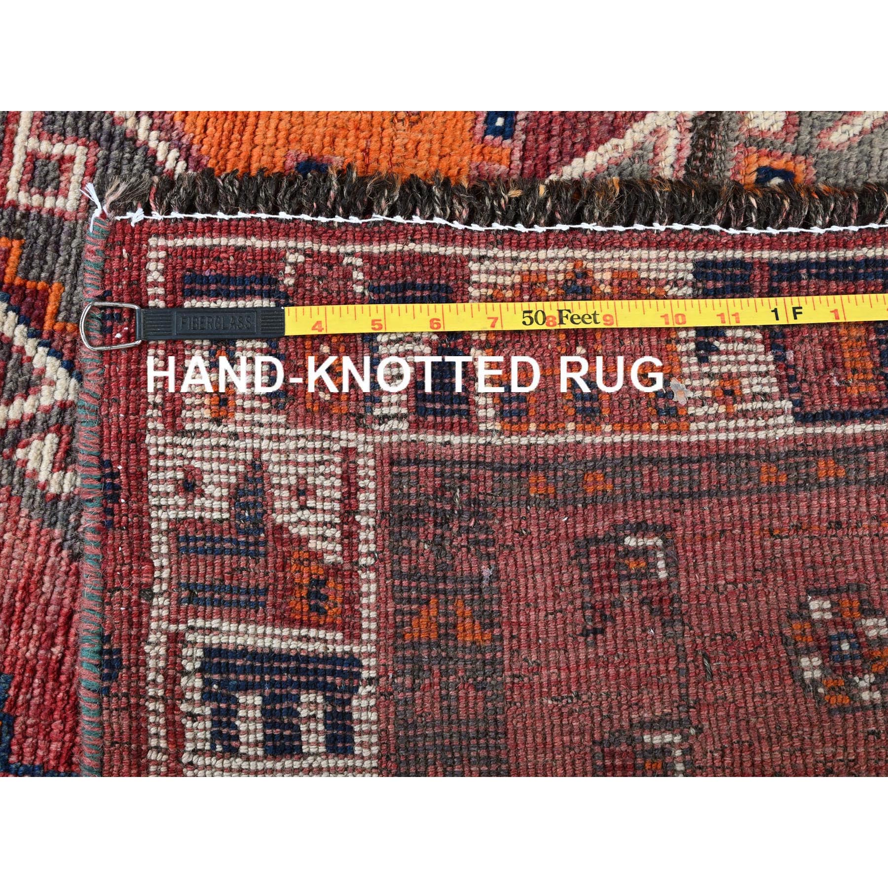 4'6"x7'5" Coral Red, Vintage Persian Shiraz with Geometric Pattern, 100% Wool, Hand Knotted, Shaved Down, Zero Pile, Even Wear, Sides and Ends Professionally Secured, Good Condition, Oriental Rug Sh787