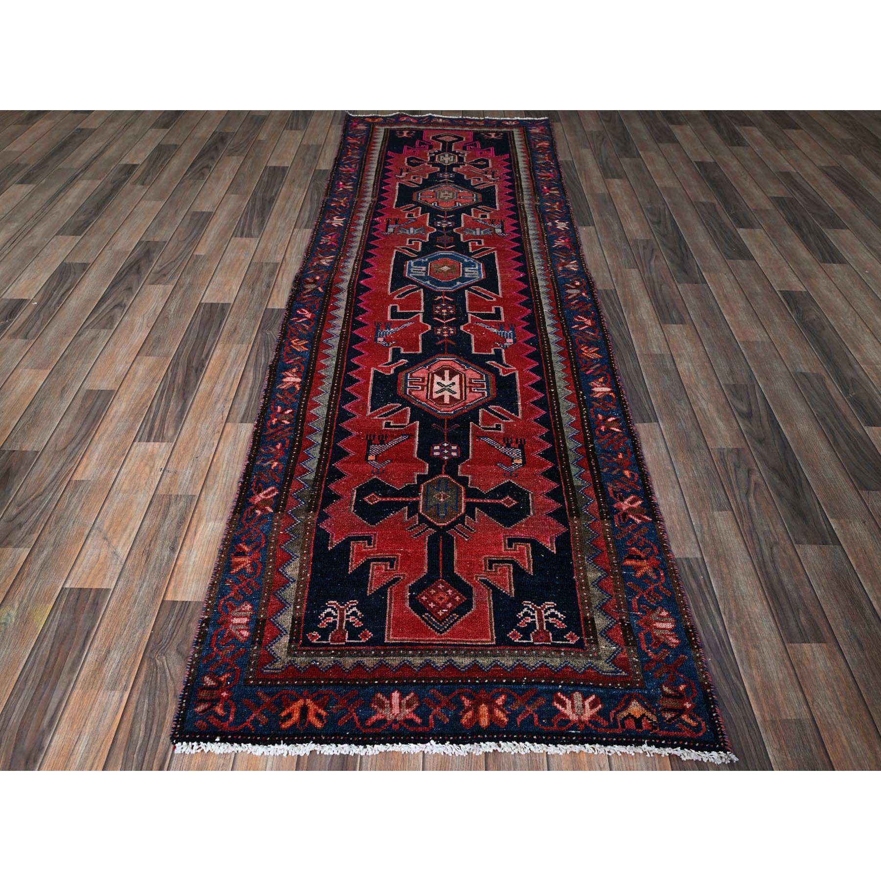 3x9'2" Merlot Red, Vintage Persian Hamadan with Geometric Pattern, Small Bird Figurines, Shaved Down, Zero Pile, Sides and Ends Professionally Secured, Hand Knotted, Pure Wool, Runner, Oriental Rug Sh788