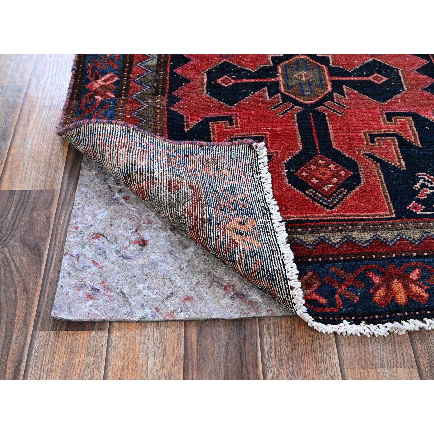3x9'2" Merlot Red, Vintage Persian Hamadan with Geometric Pattern, Small Bird Figurines, Shaved Down, Zero Pile, Sides and Ends Professionally Secured, Hand Knotted, Pure Wool, Runner, Oriental Rug Sh788