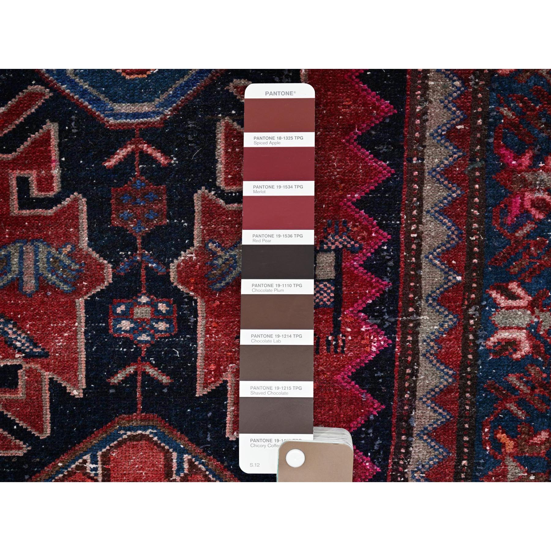 3x9'2" Merlot Red, Vintage Persian Hamadan with Geometric Pattern, Small Bird Figurines, Shaved Down, Zero Pile, Sides and Ends Professionally Secured, Hand Knotted, Pure Wool, Runner, Oriental Rug Sh788