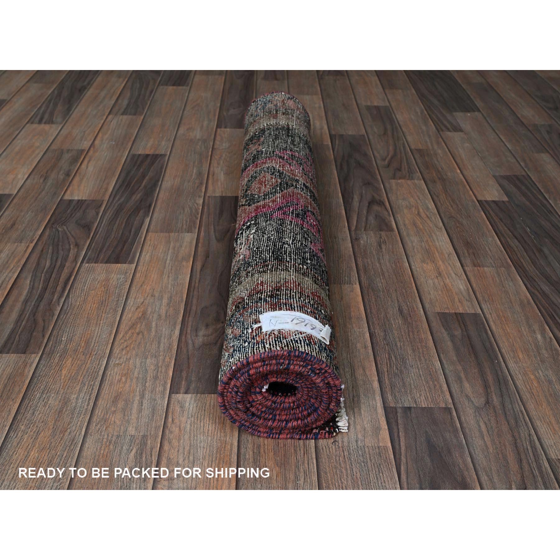 3x9'2" Merlot Red, Vintage Persian Hamadan with Geometric Pattern, Small Bird Figurines, Shaved Down, Zero Pile, Sides and Ends Professionally Secured, Hand Knotted, Pure Wool, Runner, Oriental Rug Sh788