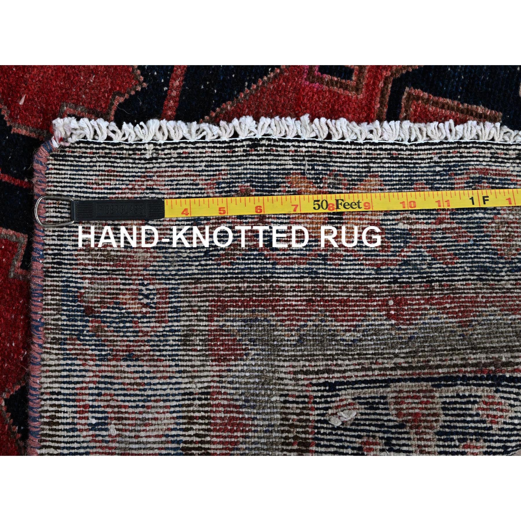 3x9'2" Merlot Red, Vintage Persian Hamadan with Geometric Pattern, Small Bird Figurines, Shaved Down, Zero Pile, Sides and Ends Professionally Secured, Hand Knotted, Pure Wool, Runner, Oriental Rug Sh788