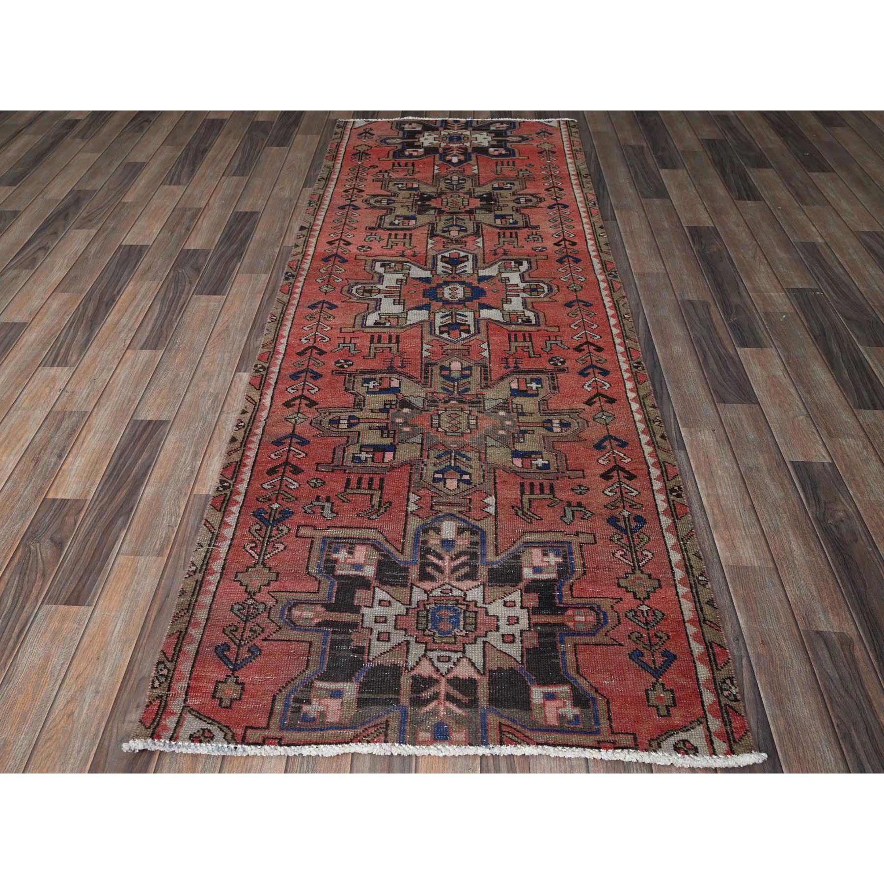 3'1"x8' Blush Red, Vintage Persian Heriz with Animal Figurines, Geometric Medallions Design, Cropped Thin, Zero Pile, Sides and Ends Professionally Secured, Hand Knotted, Pure Wool, Runner, Oriental Rug Sh789