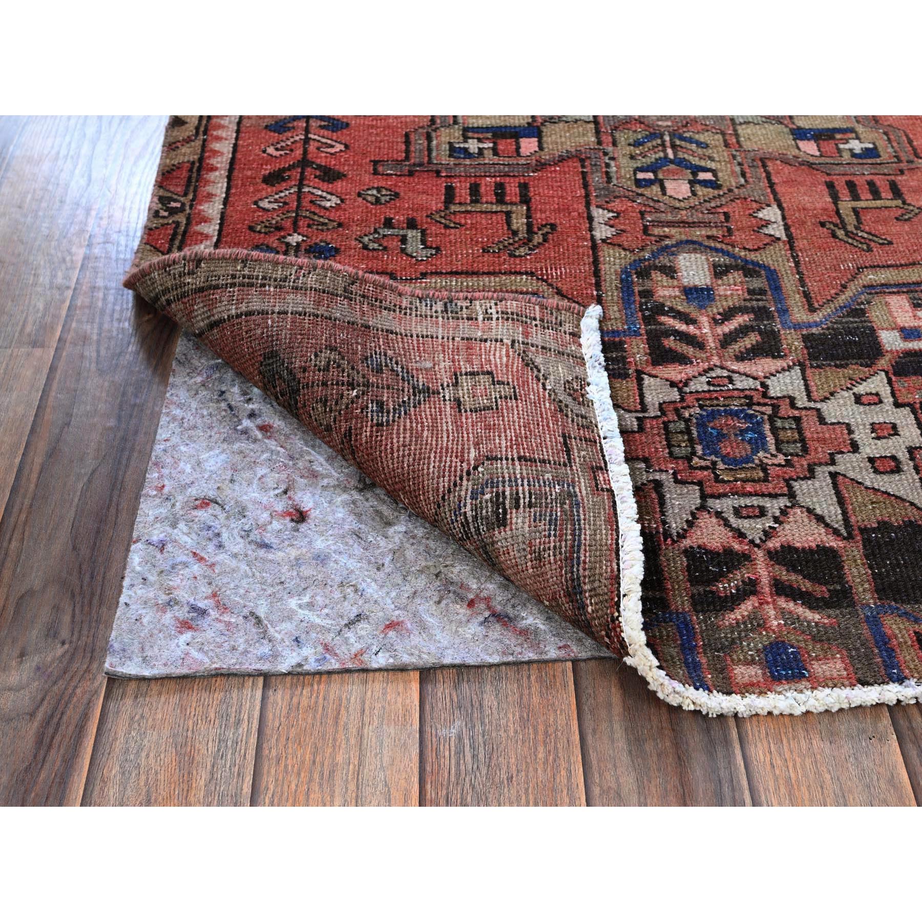3'1"x8' Blush Red, Vintage Persian Heriz with Animal Figurines, Geometric Medallions Design, Cropped Thin, Zero Pile, Sides and Ends Professionally Secured, Hand Knotted, Pure Wool, Runner, Oriental Rug Sh789