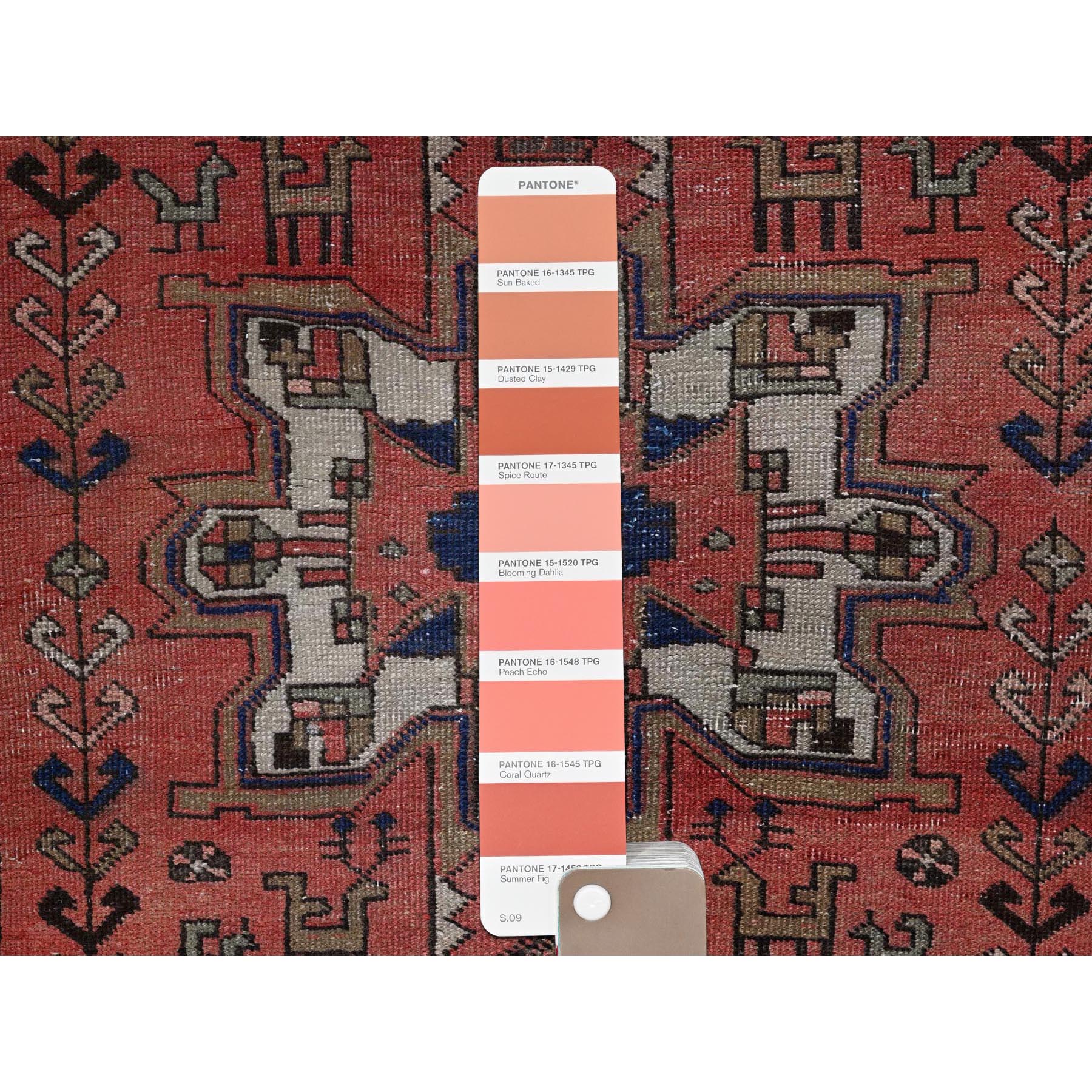 3'1"x8' Blush Red, Vintage Persian Heriz with Animal Figurines, Geometric Medallions Design, Cropped Thin, Zero Pile, Sides and Ends Professionally Secured, Hand Knotted, Pure Wool, Runner, Oriental Rug Sh789
