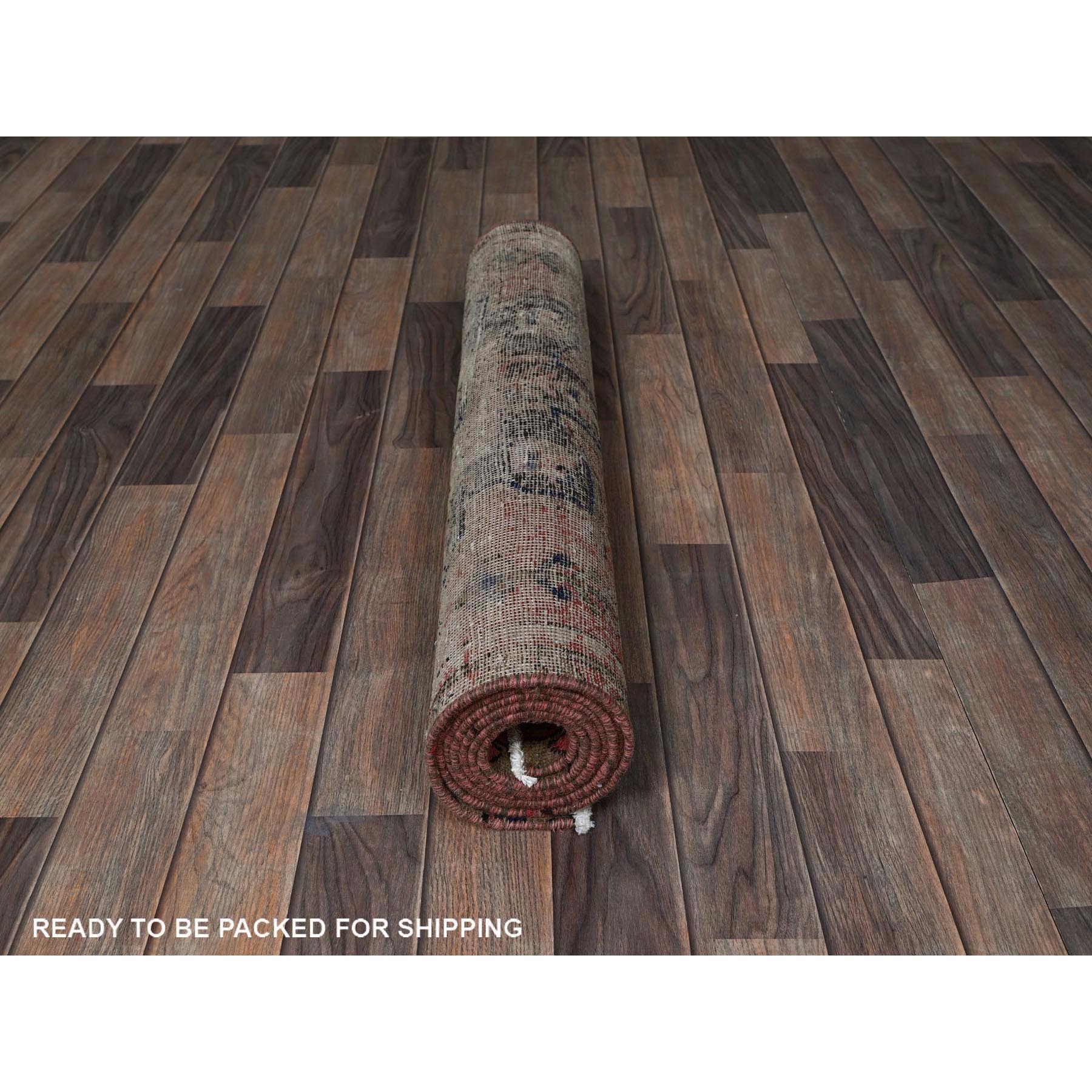 3'1"x8' Blush Red, Vintage Persian Heriz with Animal Figurines, Geometric Medallions Design, Cropped Thin, Zero Pile, Sides and Ends Professionally Secured, Hand Knotted, Pure Wool, Runner, Oriental Rug Sh789