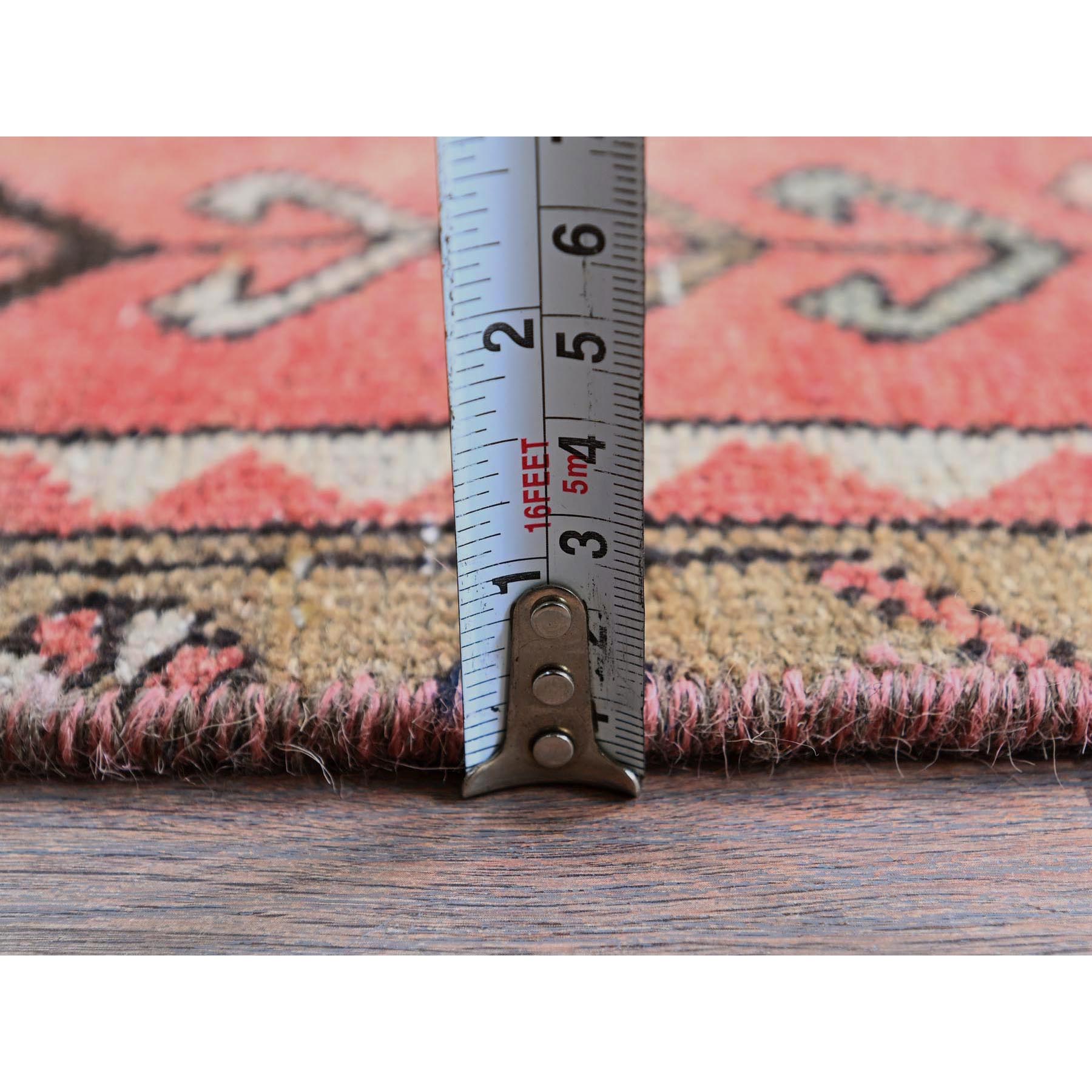 3'1"x8' Blush Red, Vintage Persian Heriz with Animal Figurines, Geometric Medallions Design, Cropped Thin, Zero Pile, Sides and Ends Professionally Secured, Hand Knotted, Pure Wool, Runner, Oriental Rug Sh789